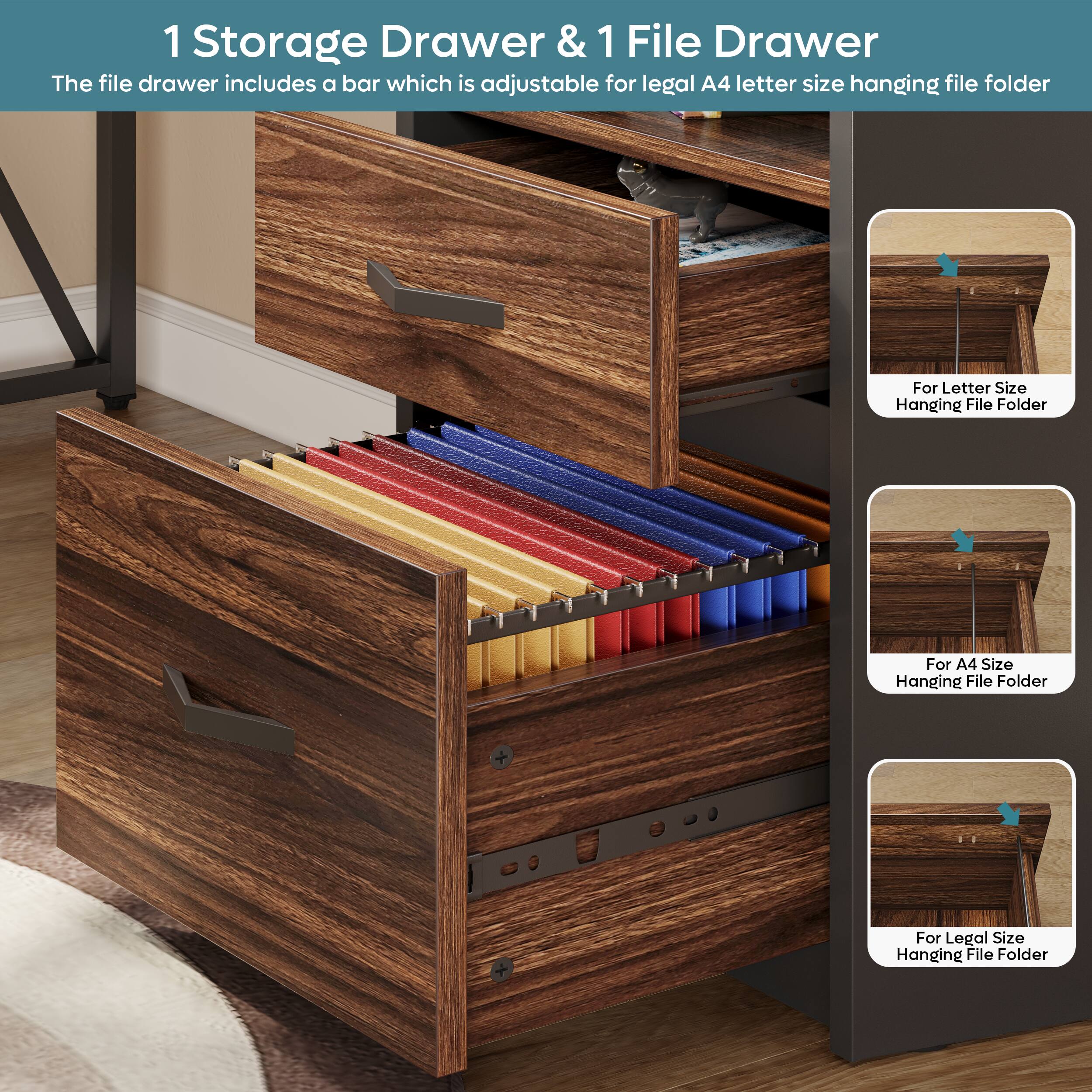 The image features a wooden desk with a drawer and a file drawer. The file drawer includes a bar that is adjustable for legal A4 letter size hanging file folders. The drawer is designed to hold and organize files in a convenient and efficient manner. The wooden desk and drawer provide a sturdy and attractive storage solution for various documents and items.