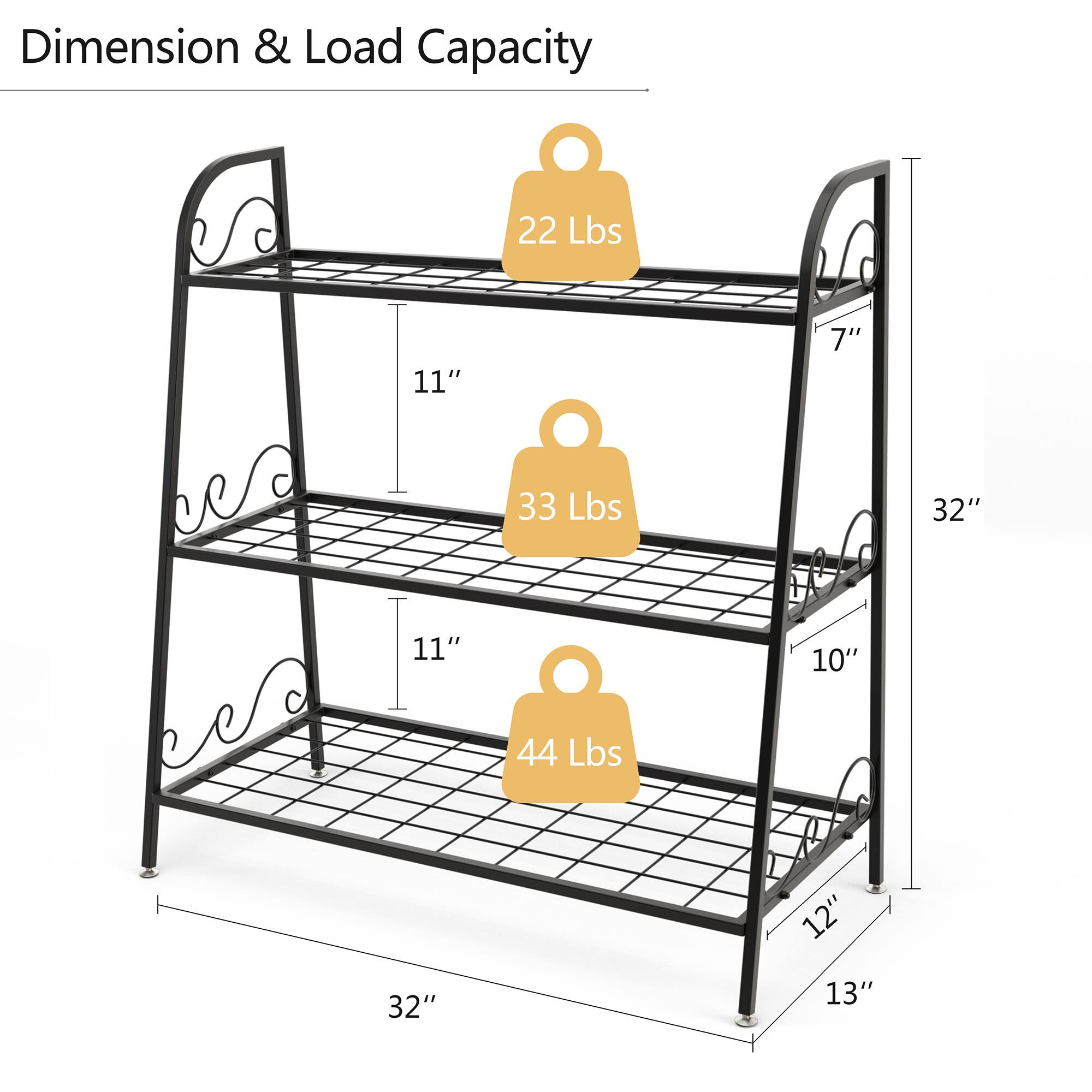 Dimension & Load Capacity:

* 22 lbs: 11" x 7"
* 33 lbs: 32" x 11"
* 44 lbs: 12" x 32"
* 10" x 44 lbs: 13"