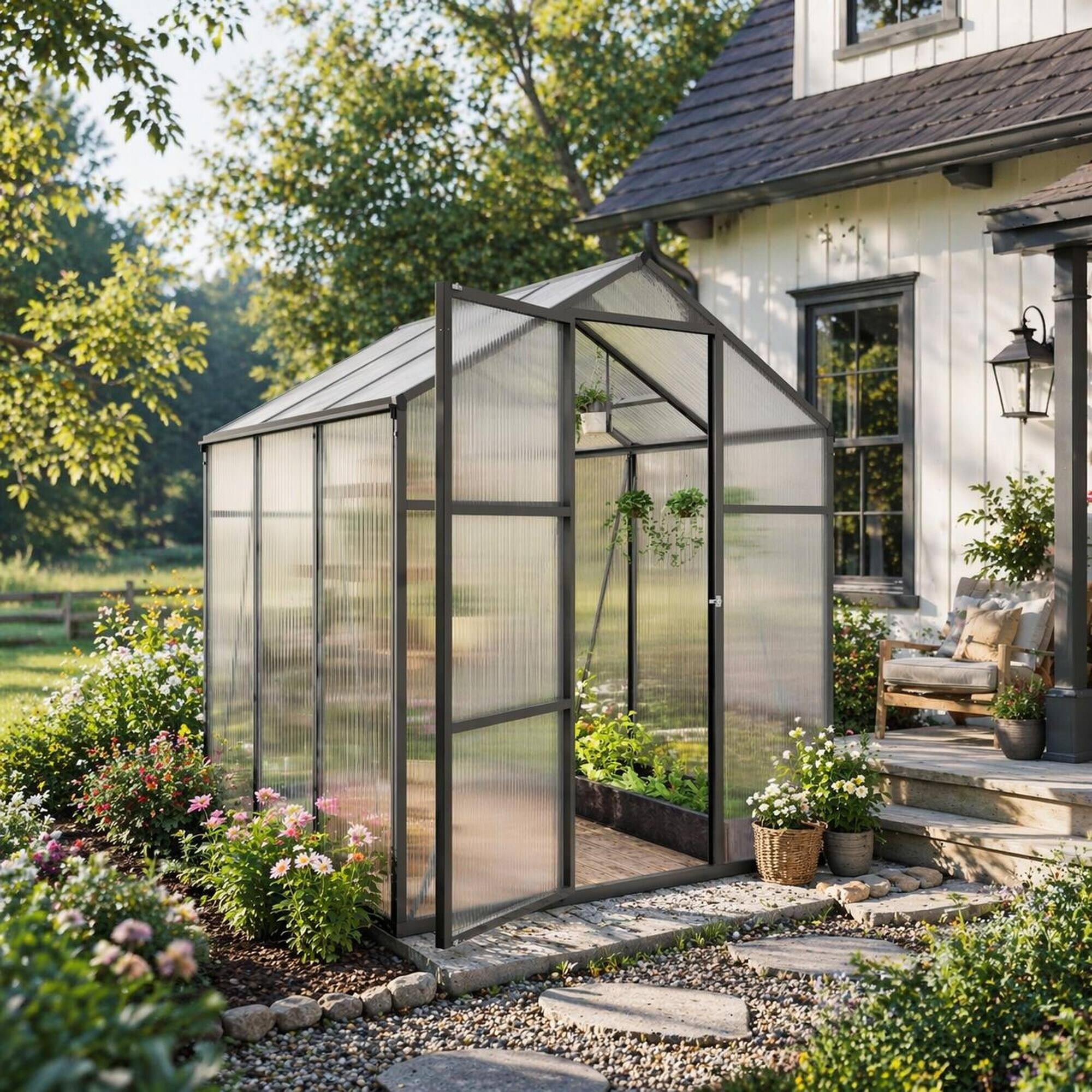 Angle. RYHNUYNE - 6x6 ft Walk-in Polycarbonate Greenhouse, Aluminum Frame, Raised Base, Anchor Kit, Drainage Gutter.