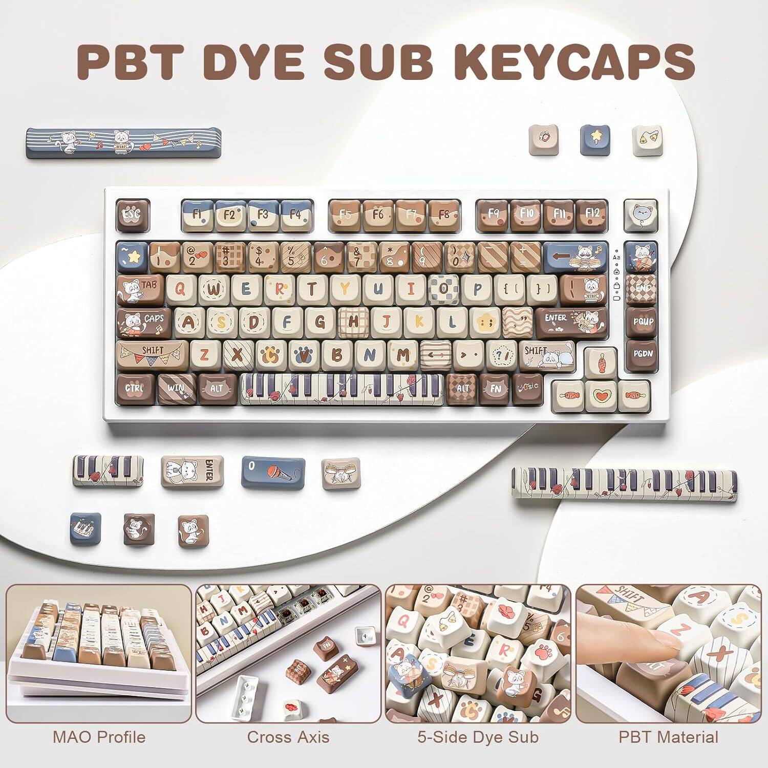 PBT Dye Sub Keycaps

- P: P
- O: O
- I: I
- U: U
- Y: Y
- T: T
- R: R
- E: E
- W: W
- Q: Q
- 2: 2
- 3: 3
- 1: 1
- Tab: Tab
- Caps: Caps
- F1: F1
- F2: F2
- F3: F3
- F4: F4
- F5: F5
- F6: F6
- F7: F7
- F8: F8
- F9: F9
- F10: F10
- F11: F11
- F12: F12
- Q: Q
- W: W
- E: E
- R: R
- T: T
- Y: Y
- U: U
- I: I
- O: O
- P: P
- A: A
- S: S
- D: D
- F: F
- G: G
- H: H
- J: J
- K: K
- L: L
- Z: Z
- X: X
- C: C
- V: V
- B: B
- N: N
- M: M
- Shift: Shift
- Shift: Shift
- Ctrl: Ctrl
- Win: Win
- Alt: Alt
- Alt: Alt
- Fn: Fn
- PgUp: PgUp
- PgDn: PgDn
- Enter: Enter

Features:
- MAO Profile
- Cross Axis
- 5-Side Dye Sub
- PBT Material