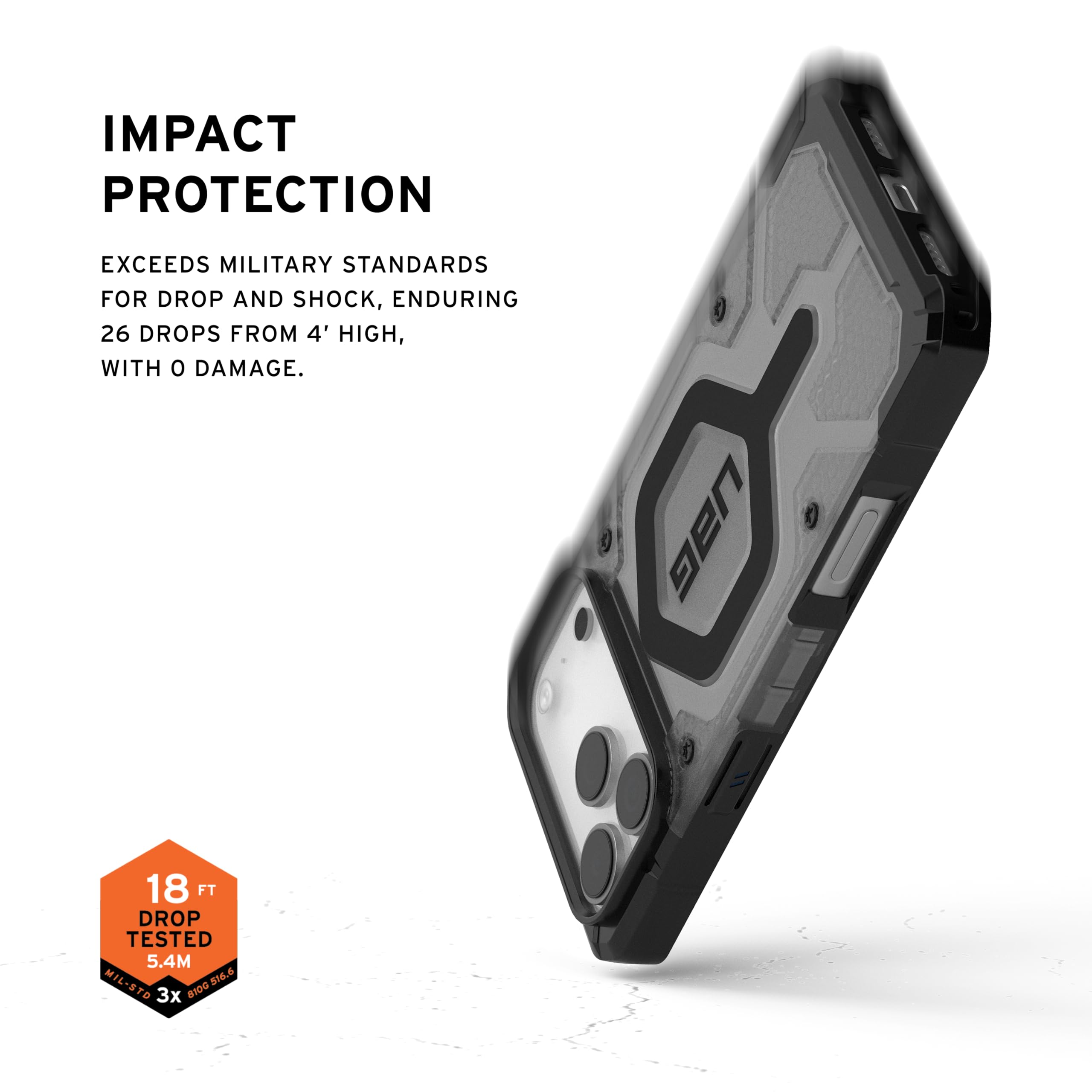 IMPACT PROTECTION

EXCEEDS MILITARY STANDARDS FOR DROP AND SHOCK, ENDURING 26 DROPS FROM 4' HIGH, WITH 0 DAMAGE.

UAG 18 FT DROP TESTED 5.4M MIL-STD 8100.536.6 810.6 3x BID