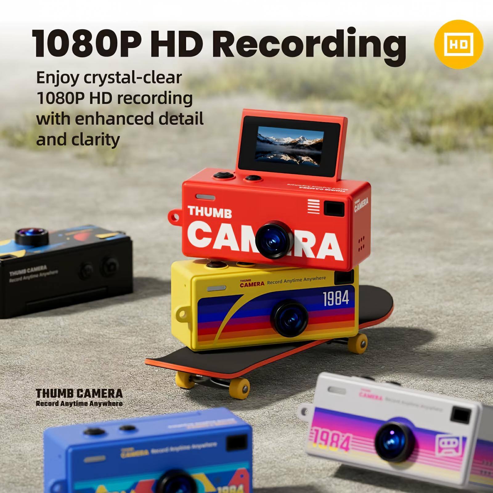 1080P HD Recording  
Enjoy crystal-clear 1080P HD recording with enhanced detail and clarity

BMUHT CAMERA  
MARA FARMANY THUME WISHIE THUMB CAMERA CAN RA THUMP Record Anytime Anywhere CAMERA 1984

THUMB CAMERA  
Record Anytime Anywhere  
1984