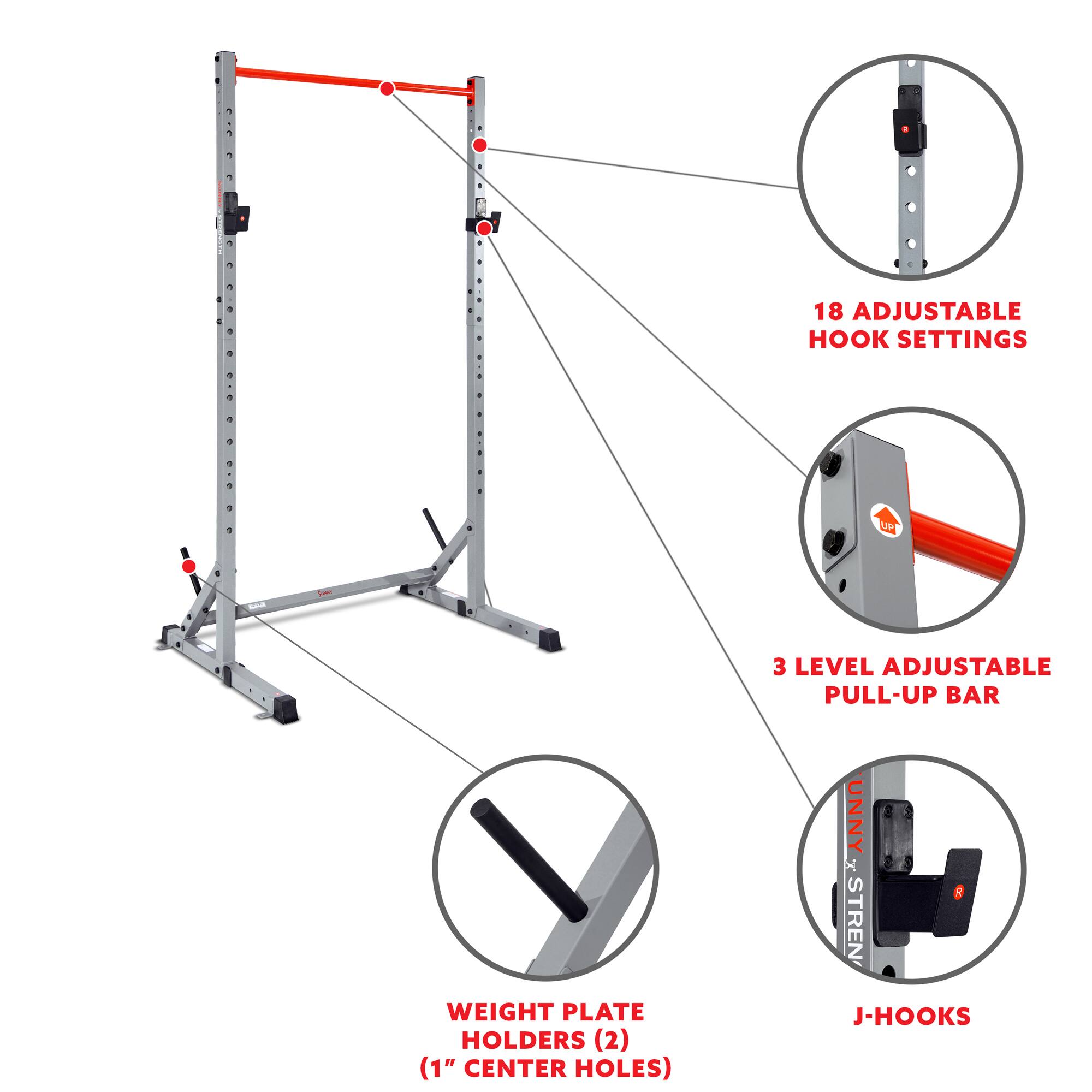 18 ADJUSTABLE HOOK SETTINGS, 3 LEVEL ADJUSTABLE PULL-UP BAR, WEIGHT PLATE HOLDERS (2) (1" CENTER HOLES), J-HOOKS