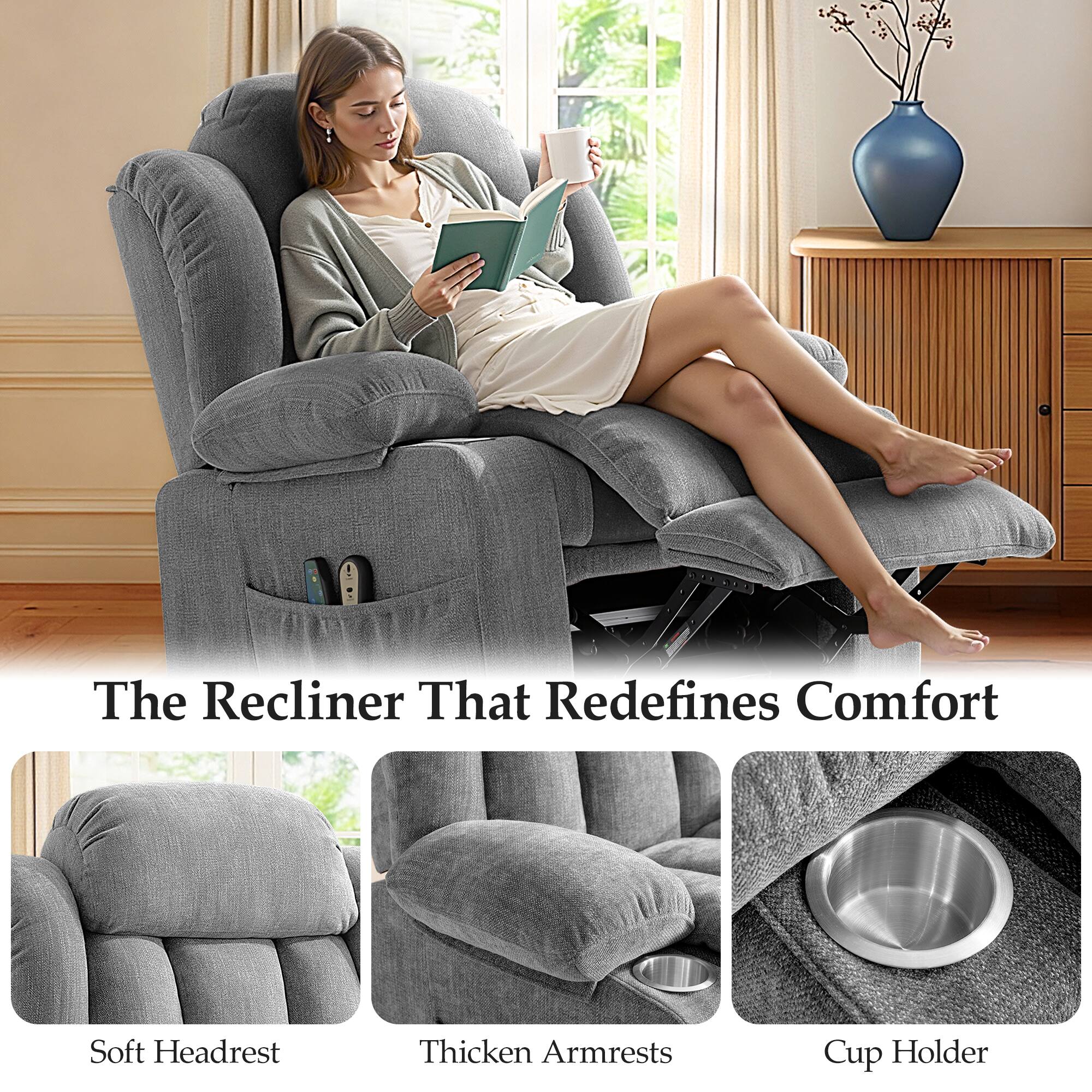 The Recliner That Redefines Comfort

- Soft Headrest
- Thickened Armrests
- Cup Holder