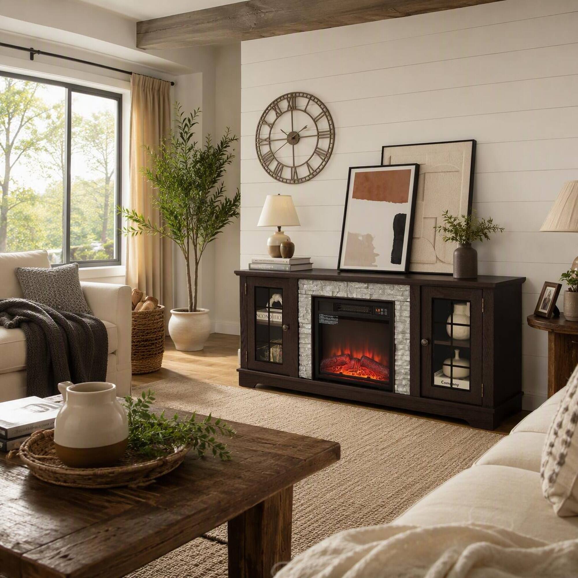 Angle. RYHNUYNE - 58-Inch Modern Media Console with 18-Inch Electric Fireplace, Faux Stone Accent, White Finish, Two-Door Storage - Cherry.