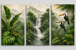 FC Design - ICE ARMOR Large set of 3 24x36"- Tropical Rainforest Waterfall Toucan Jungle Art Painting Home Wall Décor - MultiColor