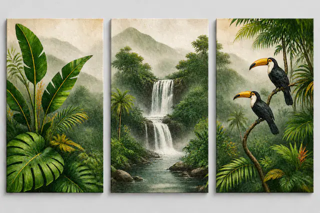Front. FC Design - ICE ARMOR Large set of 3 24x36"- Tropical Rainforest Waterfall Toucan Jungle Art Painting Home Wall Décor - MultiColor.