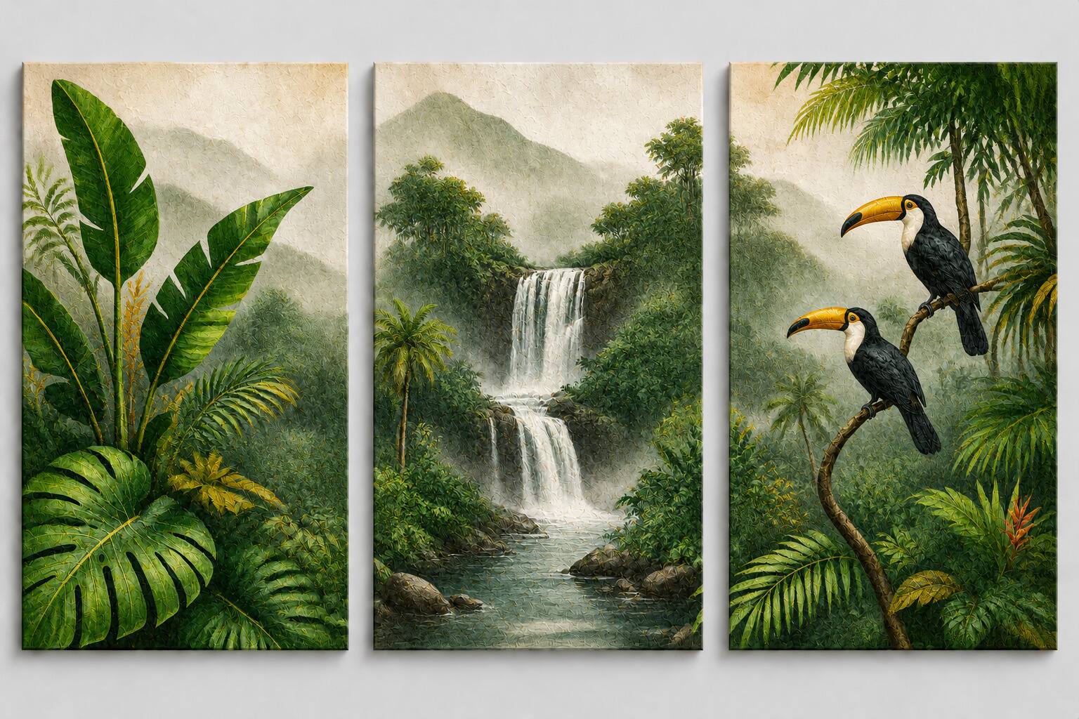 Front. FC Design - ICE ARMOR Large set of 3 24x36"- Tropical Rainforest Waterfall Toucan Jungle Art Painting Home Wall Décor - MultiColor.