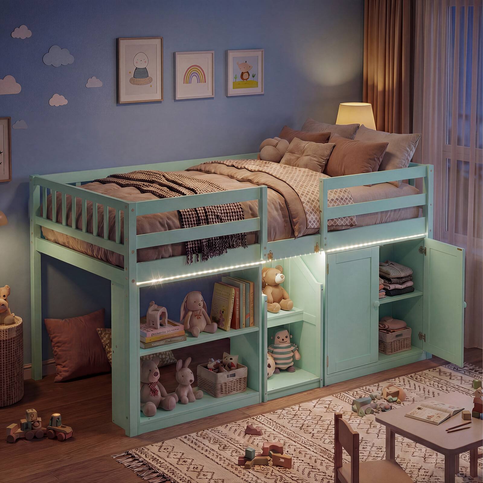 Alt View 5. Costway - Costway Low Loft Bed with LED Light, Stairs & Guardrails, Modern Wood Kids Twin Bed - Mint Green.
