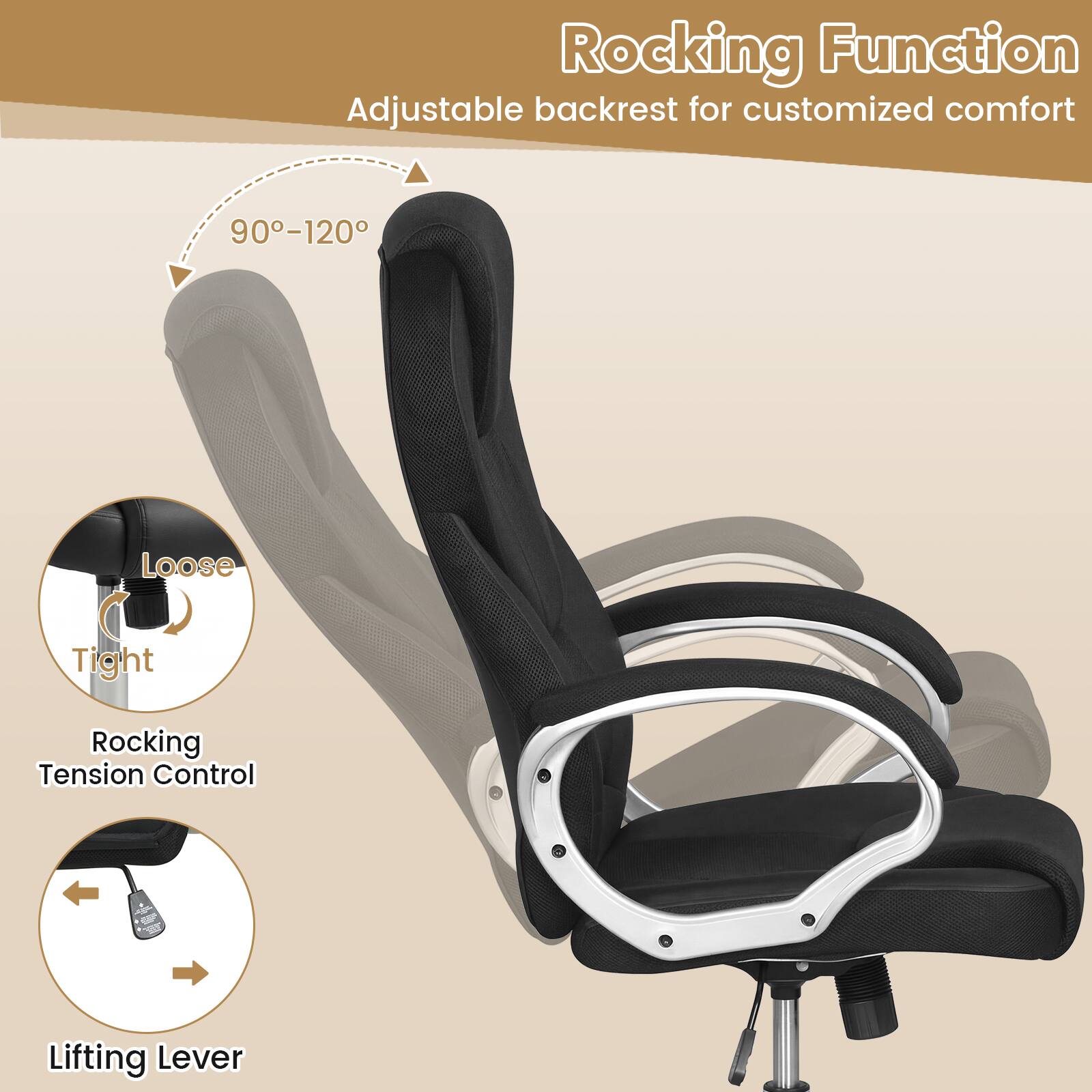 Rocking Function  
Adjustable backrest for customized comfort  

90°-120°  

Loose - Tight  
Rocking Tension Control  

Lifting Lever