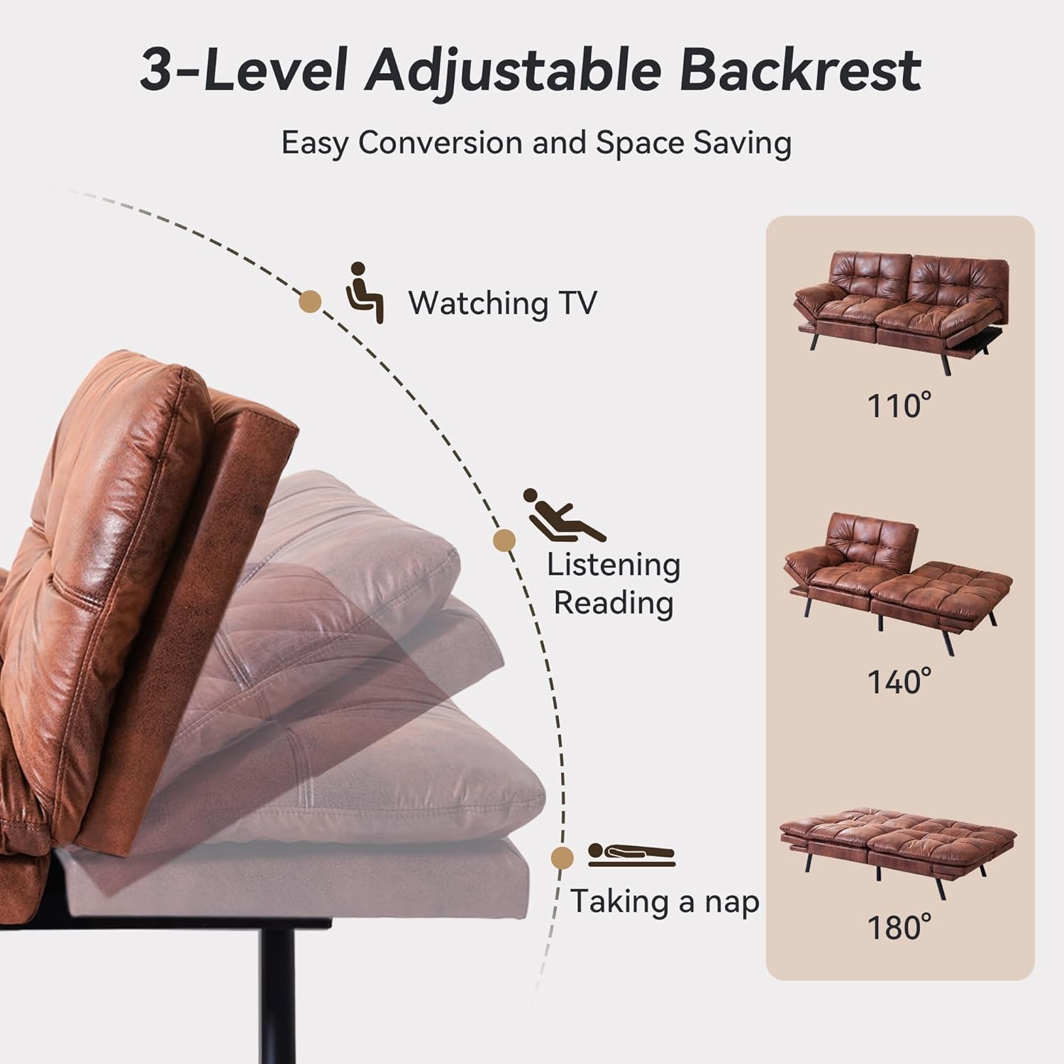 3-Level Adjustable Backrest  
Easy Conversion and Space Saving  

- Watching TV 110°  
- Listening Reading 140°  
- Taking a nap 180°