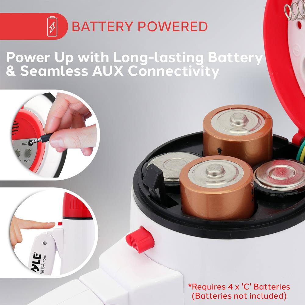 BATTERY POWERED

Power Up with Long-lasting Battery & Seamless AUX Connectivity

*Requires 4 x 'C' Batteries (Batteries not included)