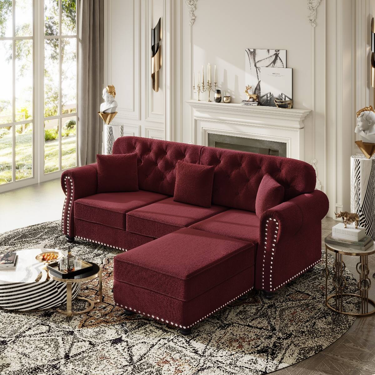 Alt View 3. Ropilly - Ropilly Burgundy Velvet Sofa with Ottoman, Mid Century Modern Chesterfield Sofa, Button Tufted Rolled Arms - Burgundy.