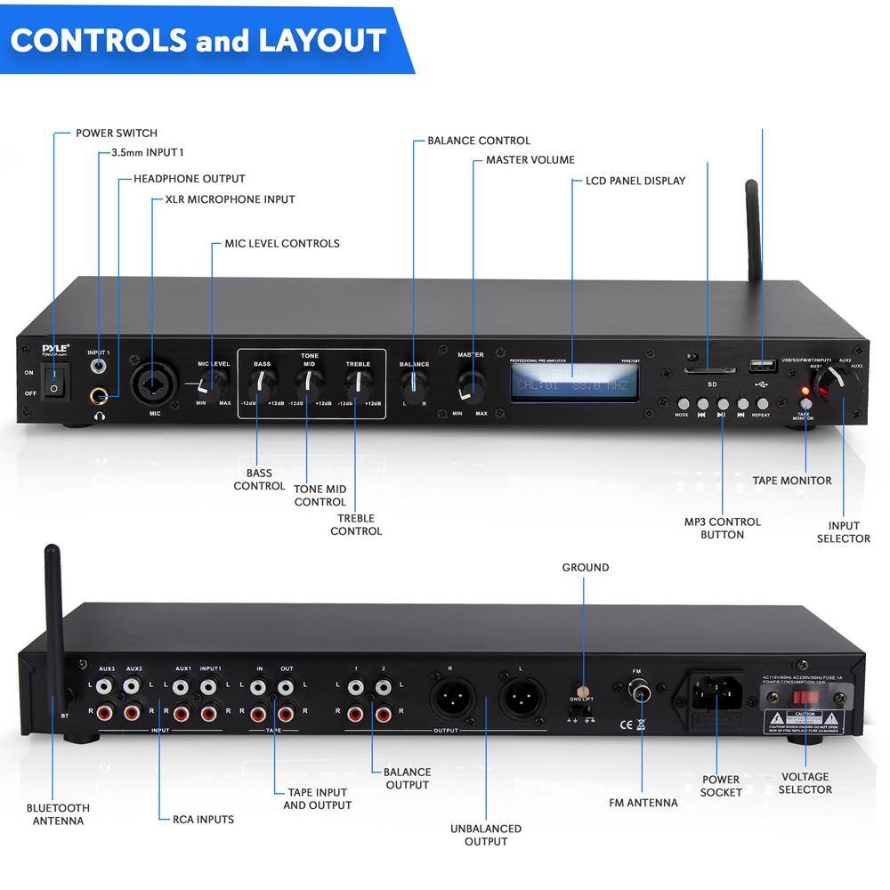 **CONTROLS and LAYOUT**

- POWER SWITCH
- 3.5mm INPUT 1
- HEADPHONE OUTPUT
- XLR MICROPHONE INPUT
- MIC LEVEL CONTROLS
- BALANCE CONTROL
- MASTER VOLUME
- LCD PANEL DISPLAY
- BASS CONTROL
- TONE MID CONTROL
- TREBLE CONTROL
- TAPE MONITOR
- MP3 CONTROL BUTTON
- INPUT SELECTOR
- GROUND
- RCA INPUTS
- TAPE INPUT AND OUTPUT
- BALANCE OUTPUT
- UNBALANCED OUTPUT
- FM ANTENNA
- POWER SOCKET
- VOLTAGE SELECTOR
- BLUETOOTH ANTENNA