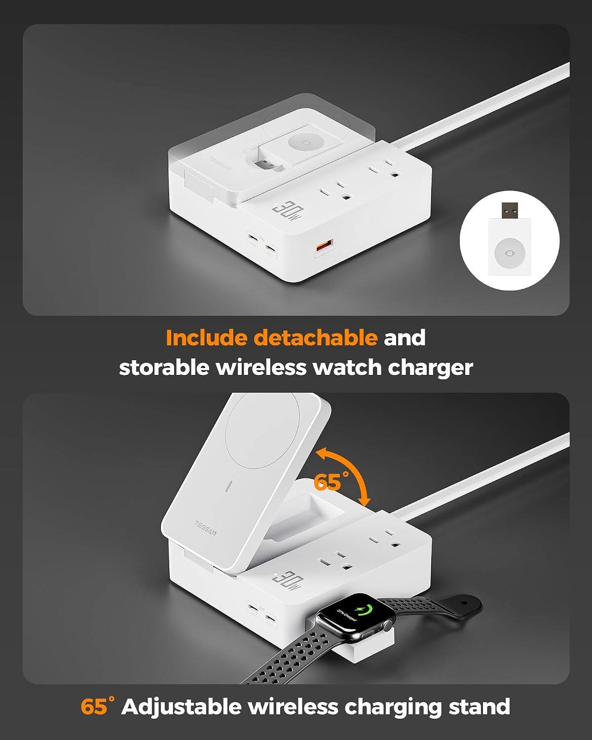 30w

Include detachable and storable wireless watch charger

65° Adjustable wireless charging stand