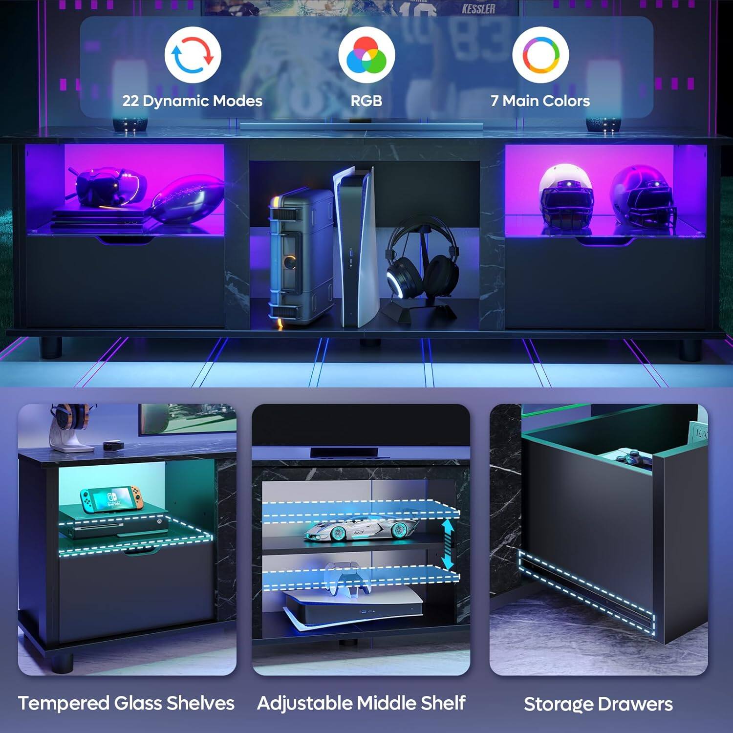 The image features a display case with a variety of items, including a TV, a laptop, a cell phone, and a mouse. The display case is illuminated with purple lights, creating a visually appealing presentation. The case is filled with various items, such as a TV, a laptop, a cell phone, a mouse, and a keyboard. The case also has a storage area with shelves and drawers, providing additional space for organizing and storing items.