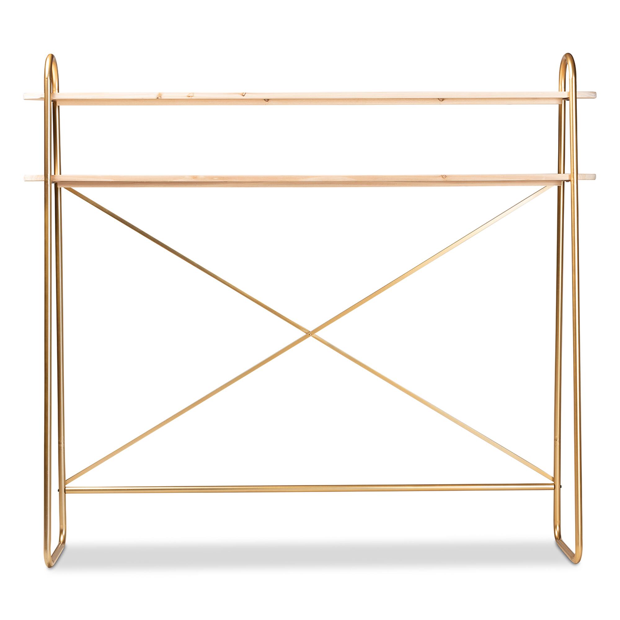 Angle. Baxton Studio - Merida Glam and Luxe Finished Metal and Finished Wood 2-Tier Over Bed Queen Size Storage Display Shelf - Natural/Gold.