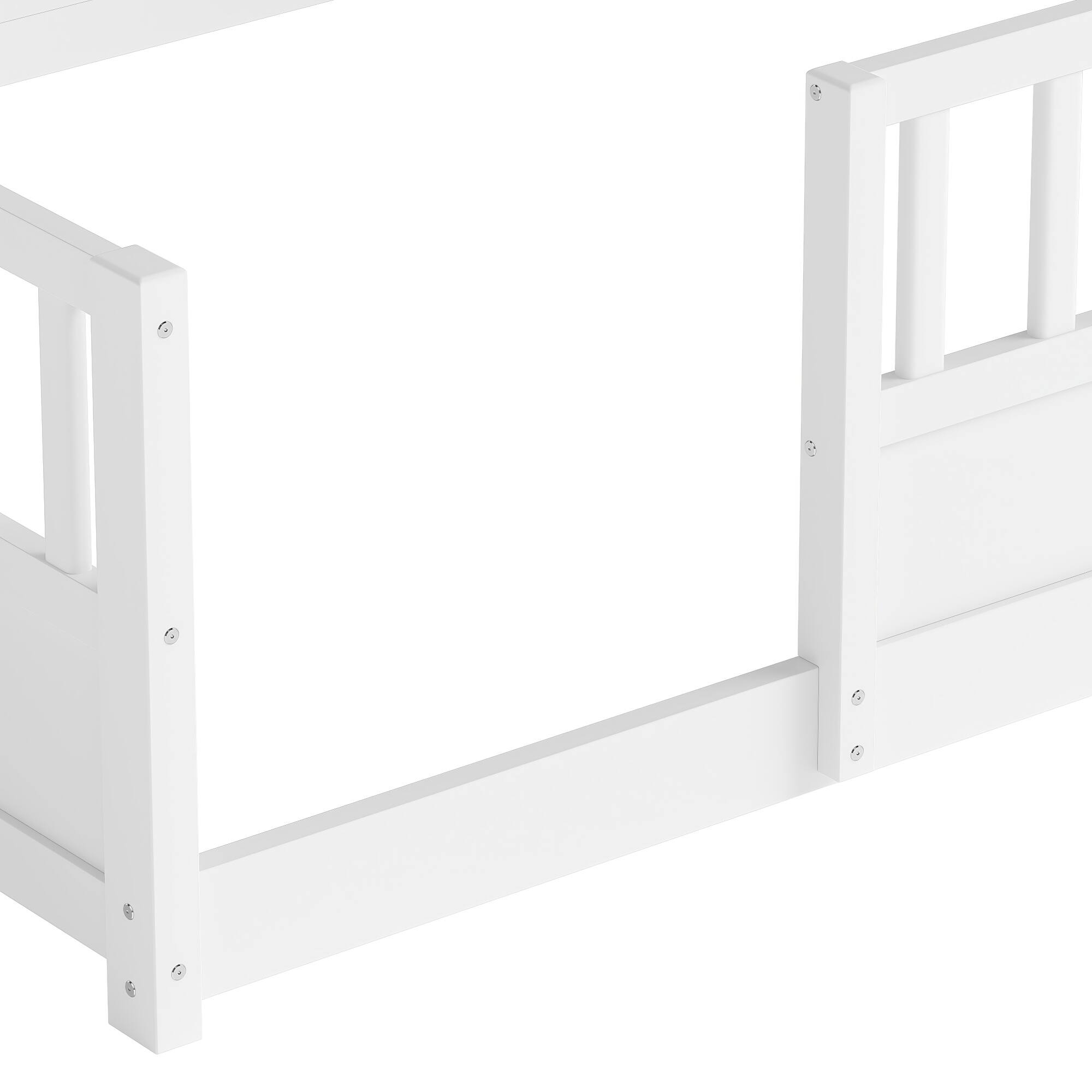 Alt View 7. GOODSILO - Full-Sized Wooden Floor Bed with Fence Guardrail and Side Storage Decorative Function in Classic White Finish - White.