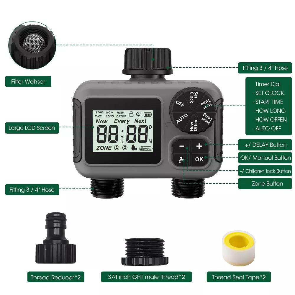 - Filter Wahser
- Large LCD Screen
- Fitting 3/4" Hose
- Timer Dial
  - SET CLOCK
  - START TIME
  - HOW LONG
  - HOW OFTEN
  - AUTO OFF
- +/DELAY Button
- OK/ Manual Button
- -/ Children lock Button
- Zone Button
- Thread Reducer*2
- 3/4 inch GHT male thread*2
- Thread Seal Tape*2