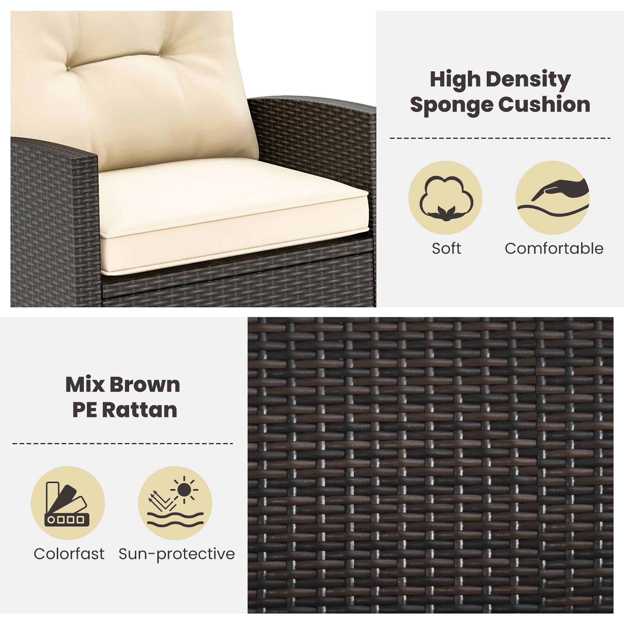 High Density Sponge Cushion, Soft, Comfortable, Mix Brown PE Rattan, Colorfast, Sun-protective