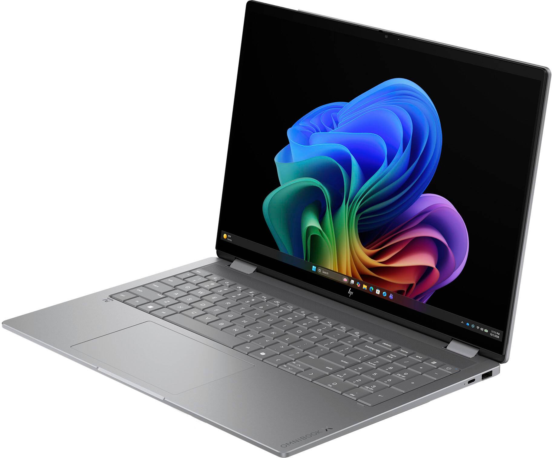 Alt View 3. HP - OmniBook X Flip 2-in-1 - 16" 2K OLED Touchscreen Laptop - AMD Ryzen AI 5 430 (2026) - 16GB Memory - 512GB SSD - Copilot+ - Meteor Silver.