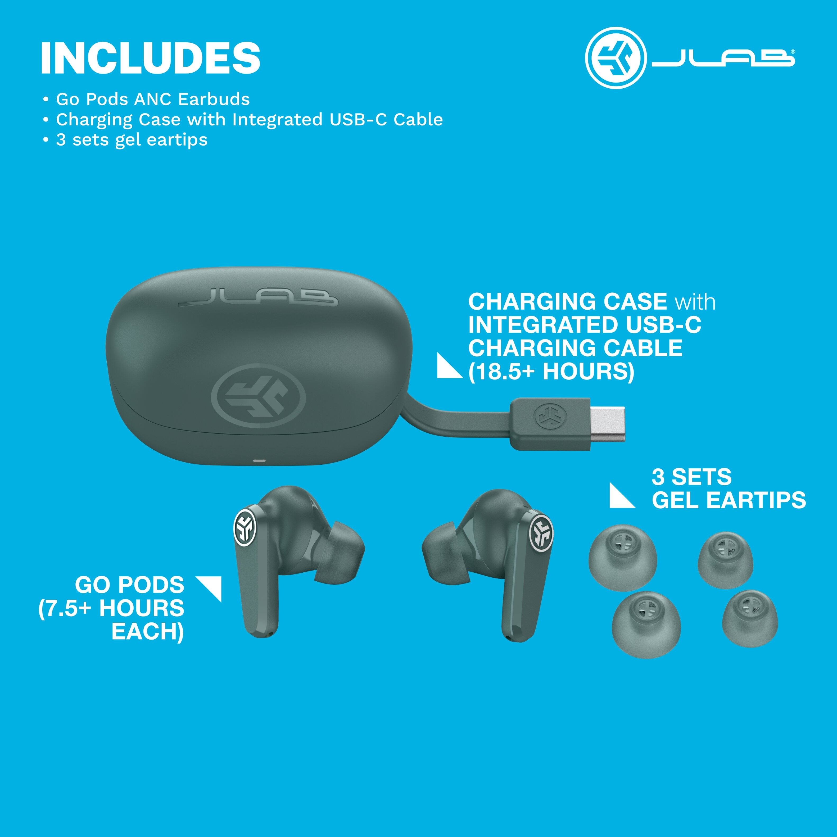 INCLUDES Go Pods ANC Earbuds Charging Case with Integrated USB-C Cable 3 sets gel eartips

CHARGING CASE with INTEGRATED USB-C CHARGING CABLE (18.5+ HOURS)

3 SETS GEL EARTIPS

GO PODS (7.5+ HOURS EACH)