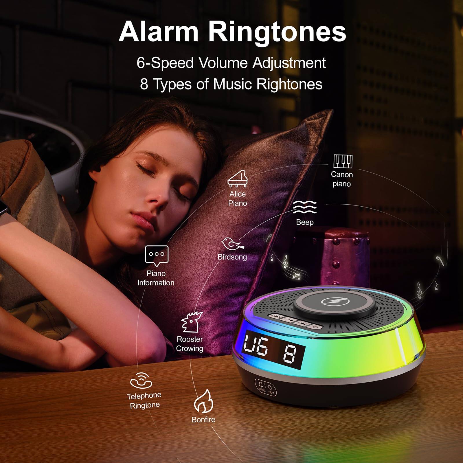 Alarm Ringtones  
6-Speed Volume Adjustment  
8 Types of Music Ringtones  

- Alice Piano  
- Canon Piano  
- Beep  
- Birdsong  
- Piano Information  
- Rooster Crowing  
- Telephone Ringtone  
- Bonfire