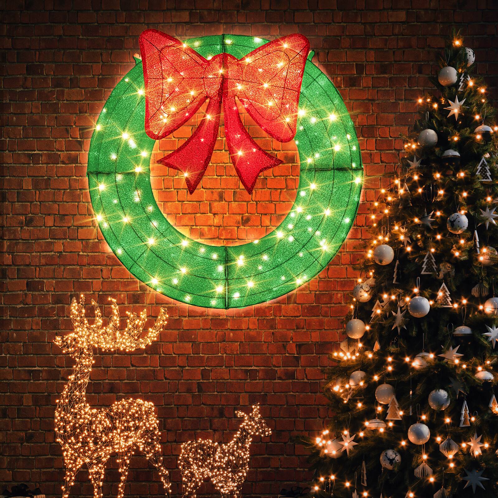 Alt View 1. Gymax - Gymax 48 Inch Pre-Lit Christmas Wreath w/ 200 LED Lights Red Bow Hanging Hooks - Green.