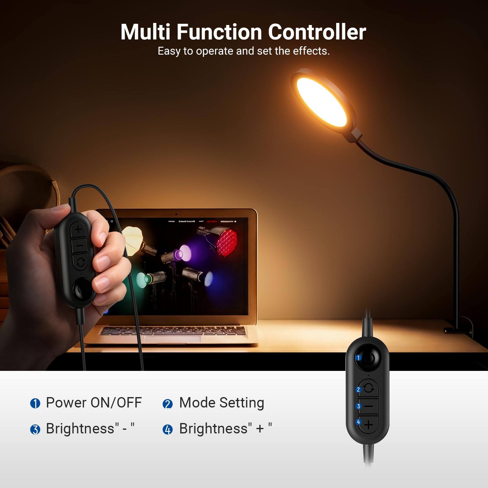 Multi Function Controller  
Easy to operate and set the effects.  

1. Power ON/OFF  
2. Mode Setting  
3. Brightness" - "  
4. Brightness" + "