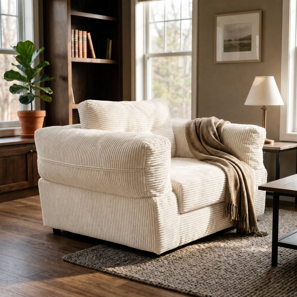 Angle. Famapy - Convertible Chair Bed Corduroy Oversized Single Sofa Chair, High Resilience Foam Removable Washable Cover - White.