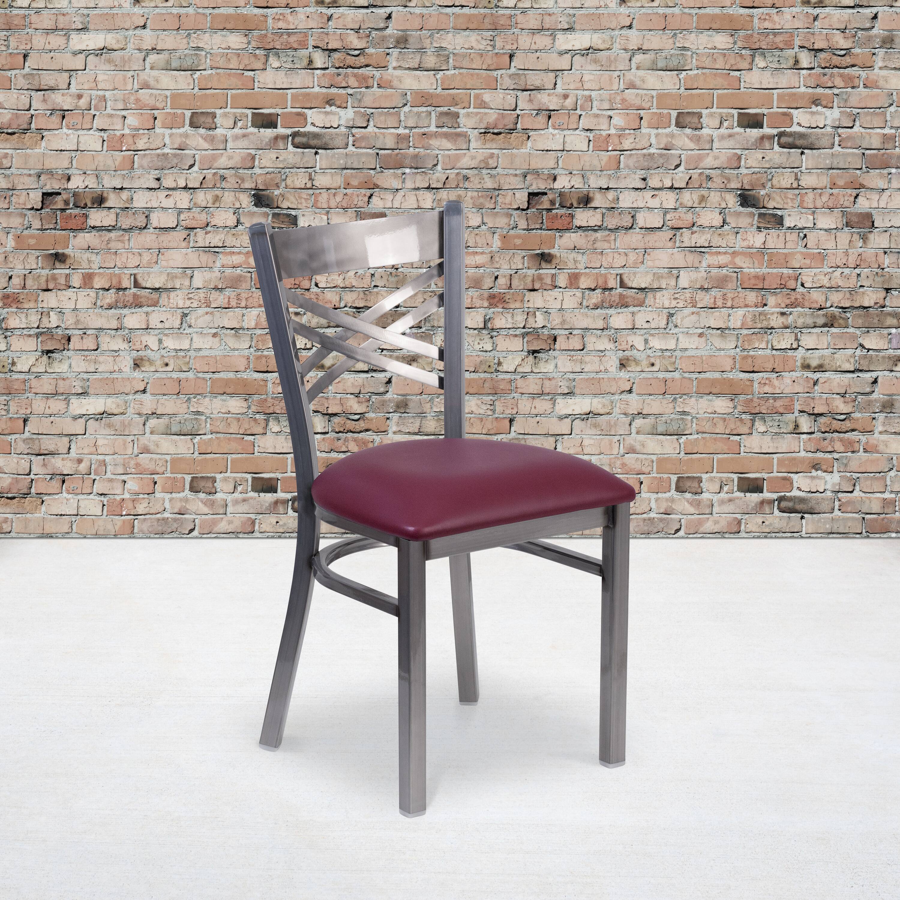 Alt View 2. Emma + Oliver - 2 Pack Clear Coated "X" Back Metal Restaurant Chair - Burgundy Vinyl Seat/Clear Coated Metal Frame.
