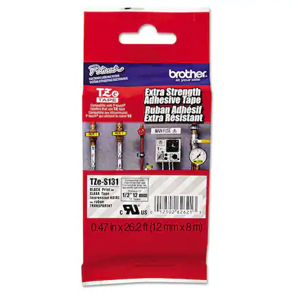 - Petouch brother.
- LABELING SYSTEM ELECTRONIQUE
- SYSTEME D'ETIQUETAGE
- Extra Strength Adhesive Tape
- Ruban Adhésif Extra Résistant
- Compatible with P-touch labelers that use TZe tape
- Compatible aux étiqueteuses P-touch qui utilisent le ruban TZe
- TZe-S131
- BLACK Print on CLEAR Tape
- Impression NOIRE sur ruban TRANSPARENT
- 1/2" 12 mm
- 0.47 in x 26.2 ft (12 mm x 8 m)
- MAIN FUSE
- VALVE 1
- VALVE 2
- 12502 62621 3