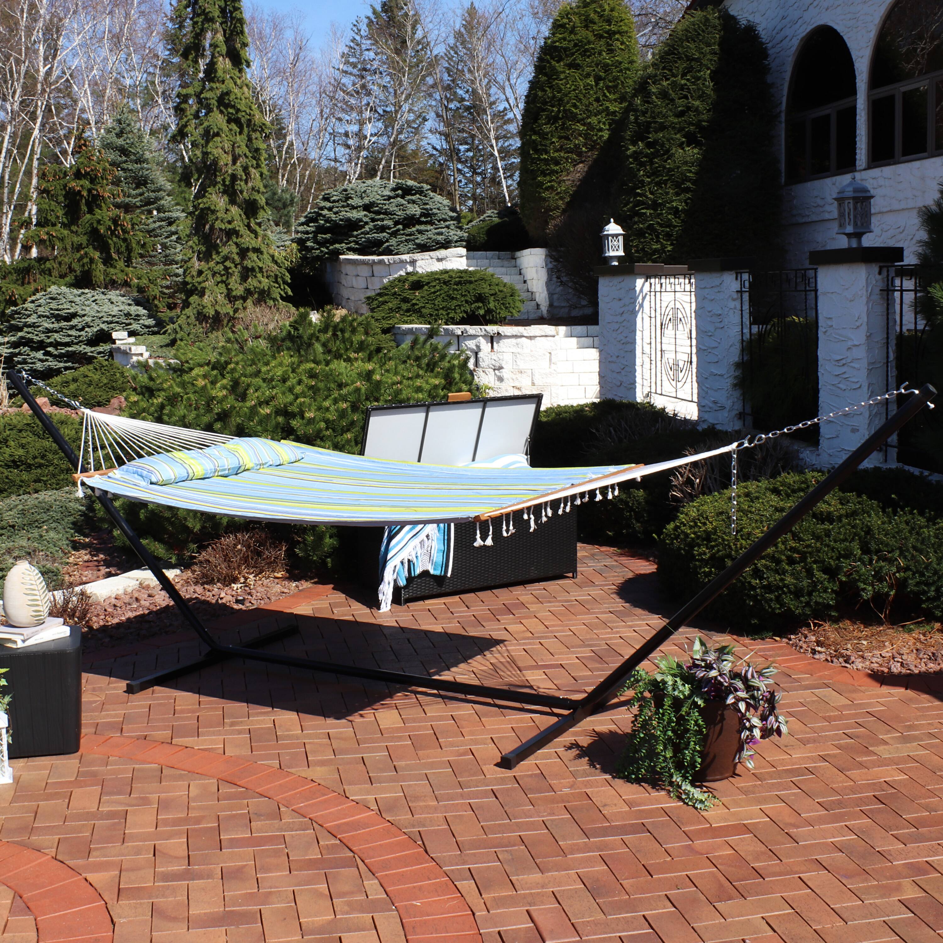 Alt View 3. Sunnydaze - 2-Person Quilted Fabric Hammock with Steel Stand - Blue & Green.