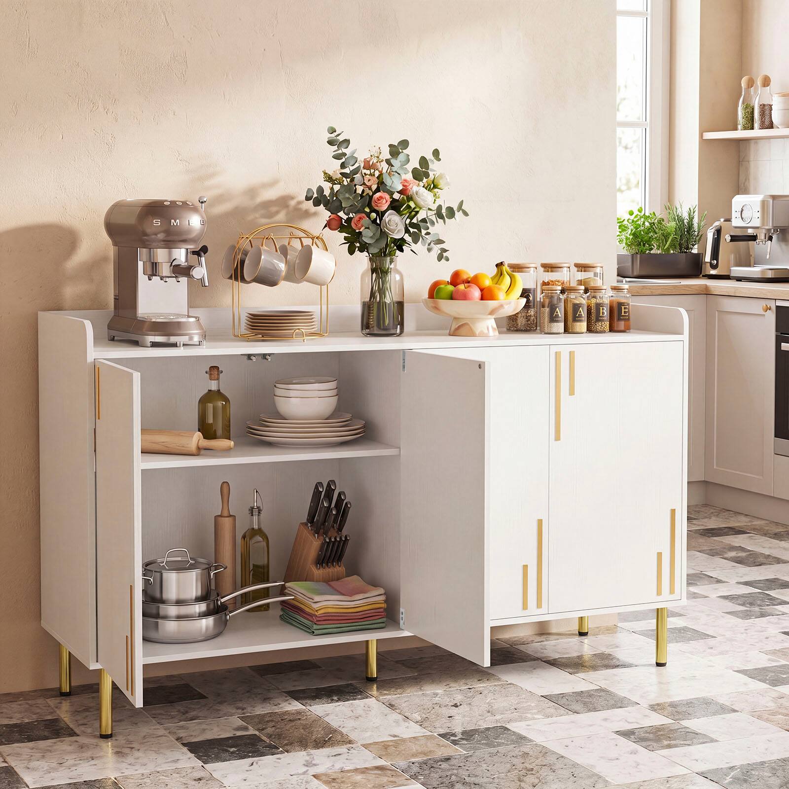 Alt View 4. Costway - Costway Buffet Cabinet, 55" Long Sideboard with 4 Doors, 5 Metal Legs for Living Room - White.