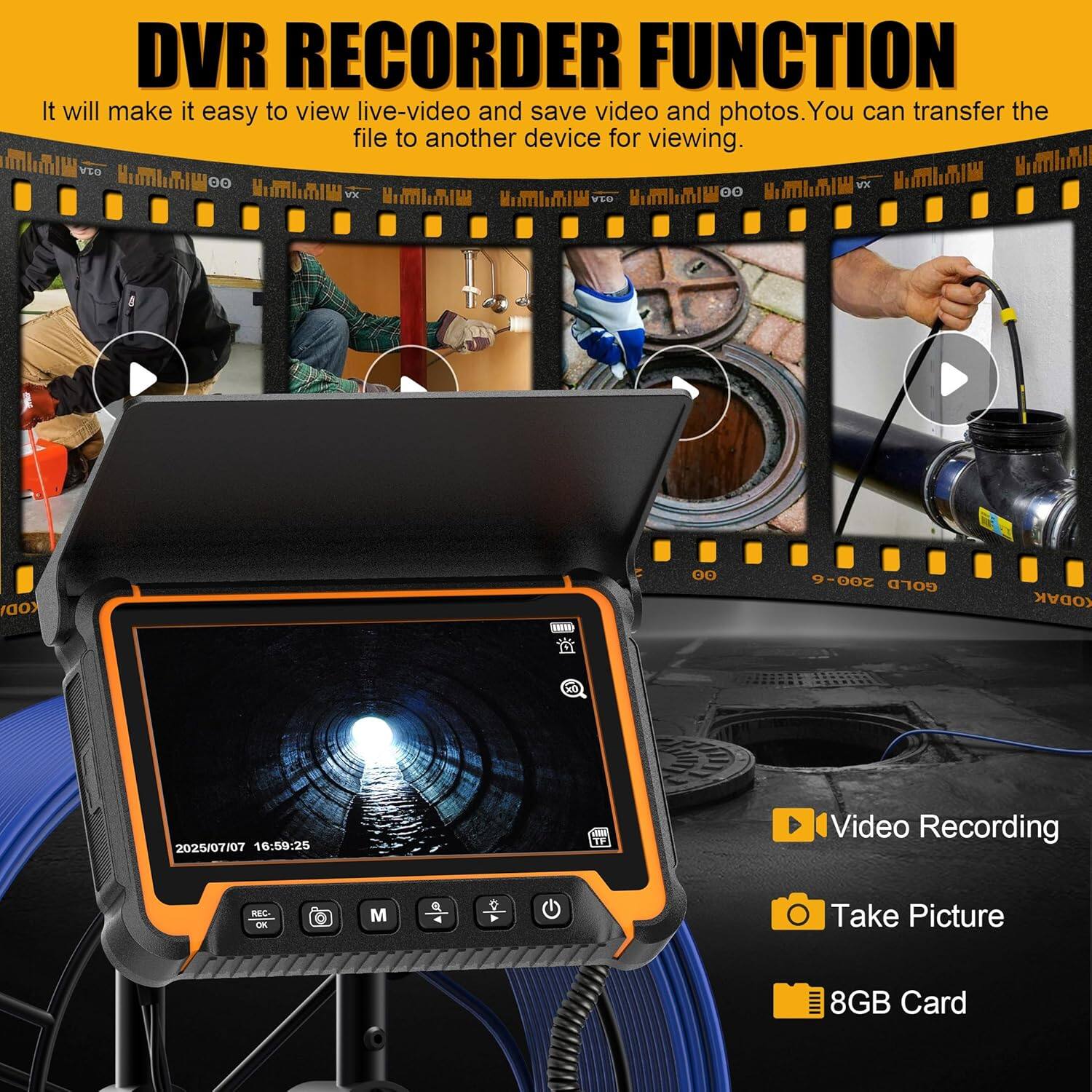 Alt View 4. Aukfa - Endoscope Camera with Light - 7" Monitor, 100ft IP68 Self-Leveling Pipe Inspection, 5MM Cable, DVR.