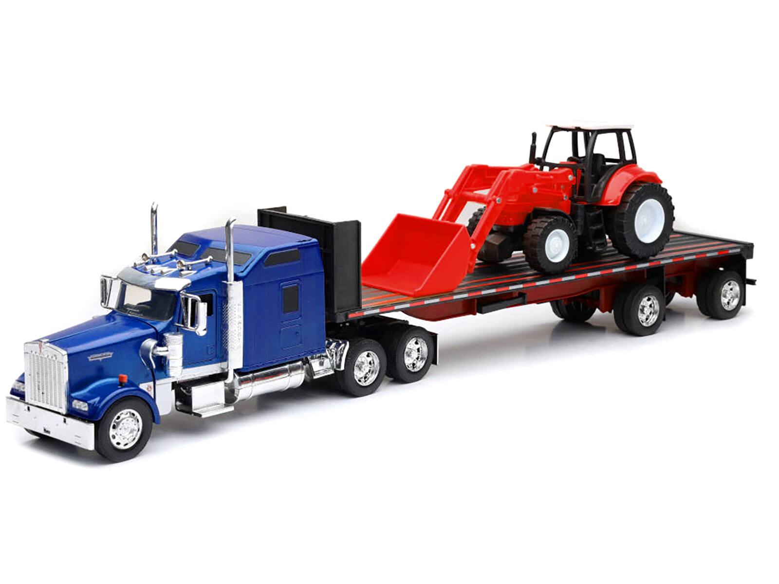 Angle. New Ray - Kenworth W900 Truck with Flatbed Trailer Blue Metallic with Farm Tractor Red "Long Haul Truckers" Series 1/32 - Blue Metallic And Red.