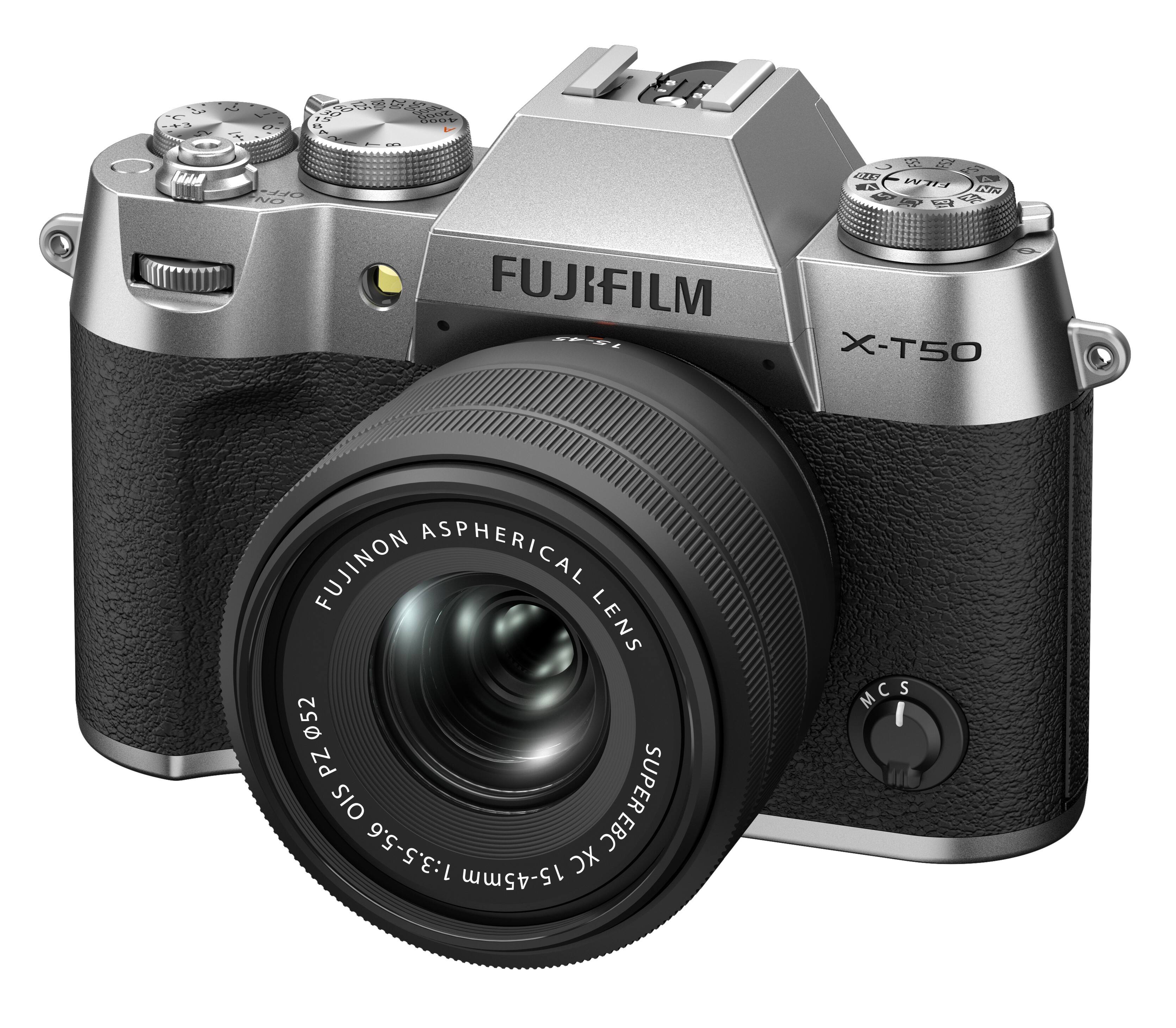 The image features a close-up of a Fujifilm X-T50 camera with a Fujinon aspherical lens. The camera has a silver and black color scheme, and the lens is prominently displayed in the foreground. The camera is equipped with a 15-45mm MCS C S A lens, and the aperture is set to f/2.8. The image is captured with a 1:3.5-5.6 EBC XC sensor, which provides high-quality images and fast autofocus capabilities.