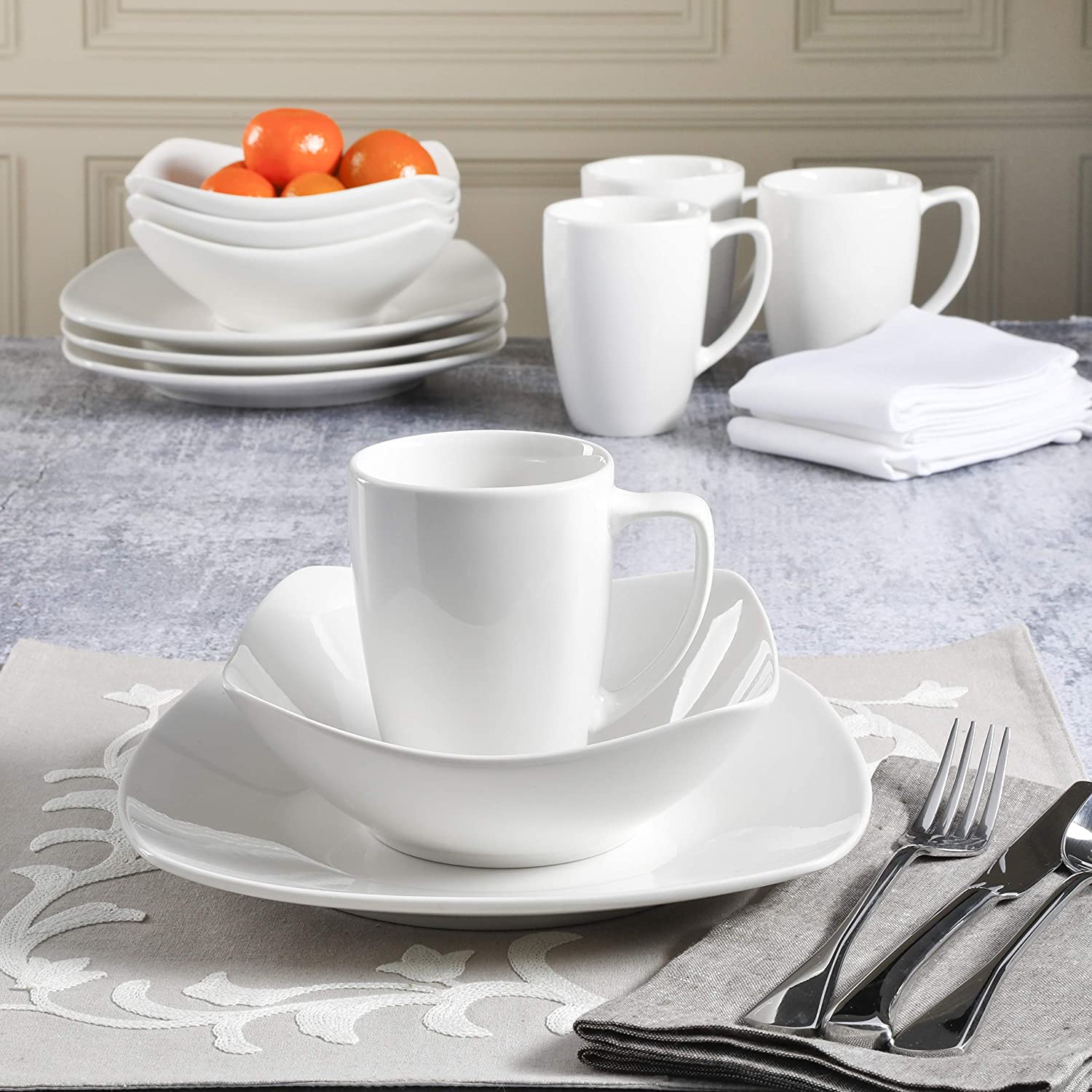 Alt View 2. Gibson - Gibson Zen Buffetware 12 Piece Square Dinnerware Plate, Bowl, & Mug Set, White - White (Soft Square).