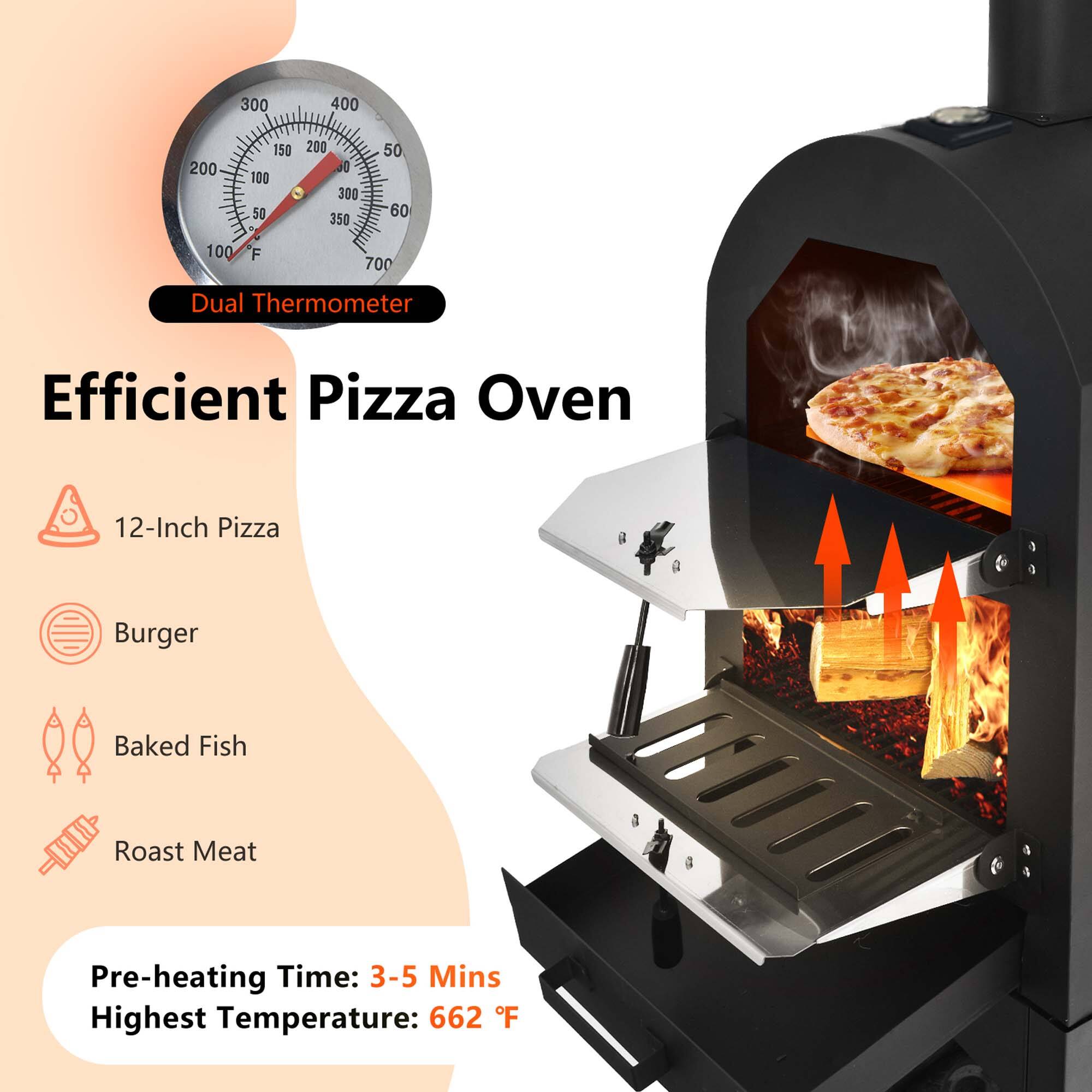 Efficient Pizza Oven 12-Inch Pizza Burger Baked Fish Roast Meat Pre-heating Time: 3-5 Mins Highest Temperature: 662 F Dual Thermometer