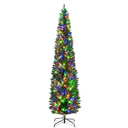 Homcom - Artificial Pencil Christmas Trees Holiday Decoration with Colorful LED Lights, Steel Base - Green