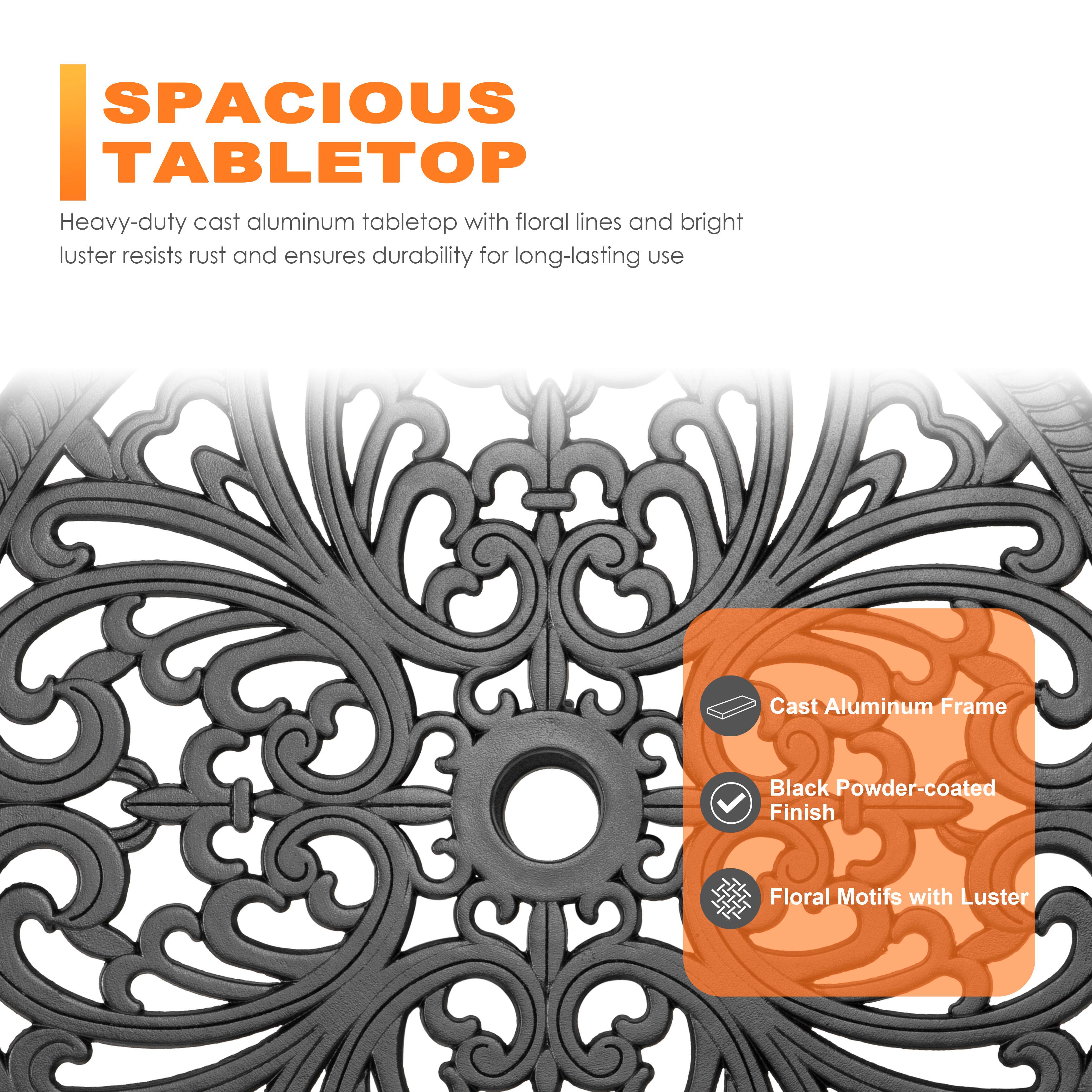 **SPACIOUS TABLETOP**

Heavy-duty cast aluminum tabletop with floral lines and bright luster resists rust and ensures durability for long-lasting use

- Cast Aluminum Frame
- Black Powder-coated Finish
- Floral Motifs with Luster