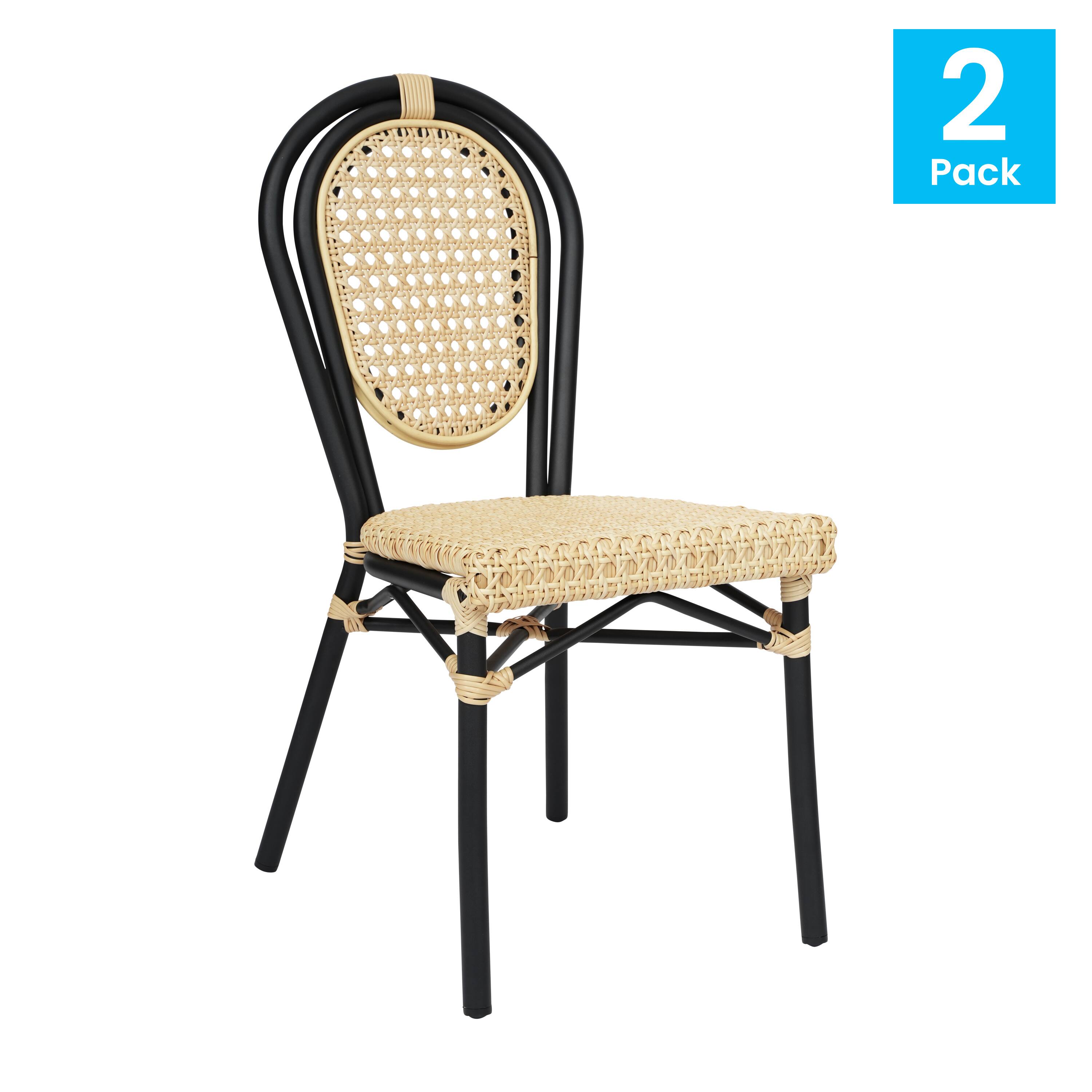 Alt View 1. Emma + Oliver - Reims Set of Two Indoor/Outdoor Stacking Thonet Bistro Style Chairs with PE Cane Rattan Seat and Metal Frame - Natural/Black Frame.