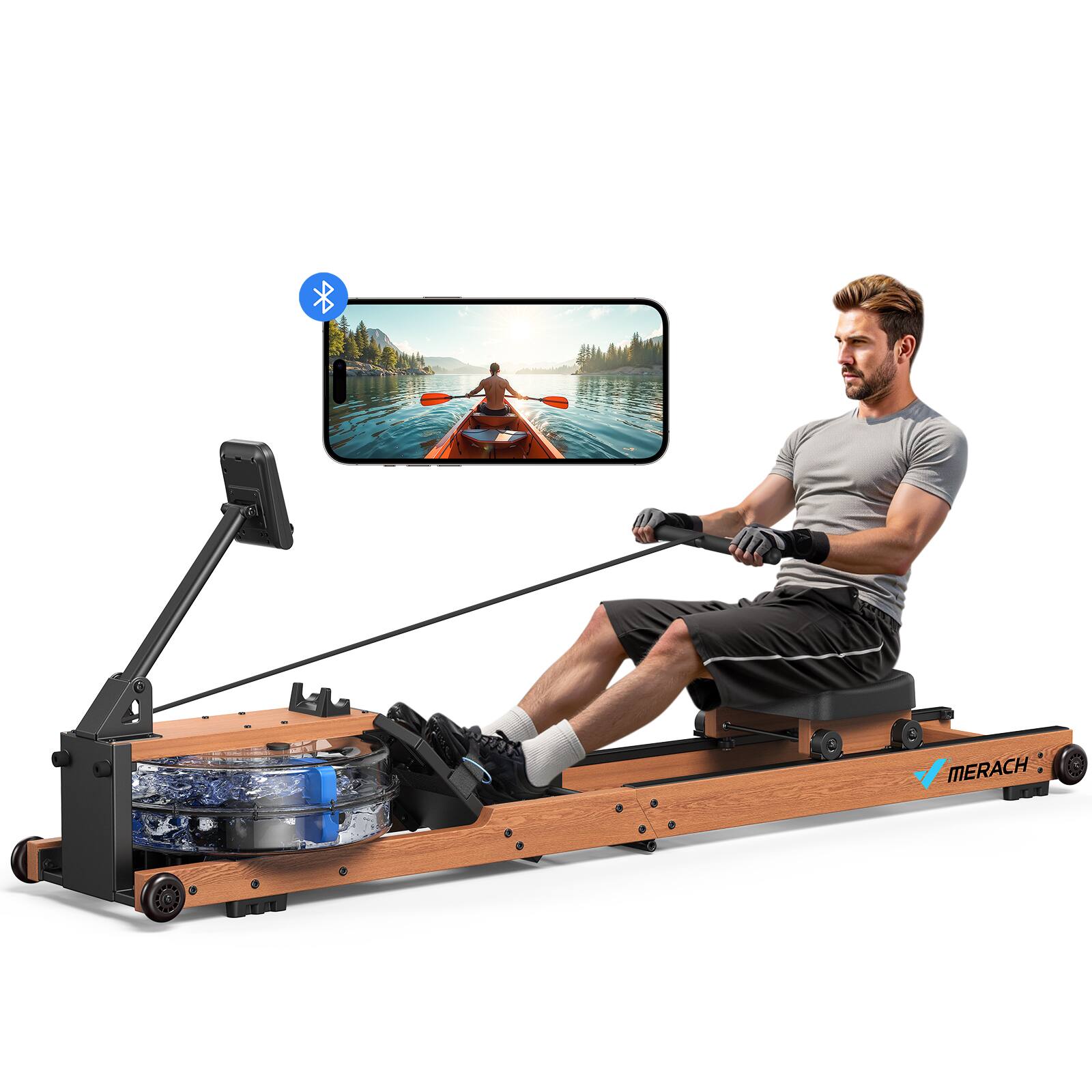 Front. MERACH - MERACH R28 Foldable Water Rowing Machines for Home, Dedicated Monitor, Free Merach App for Immersive Water Rower - Wood.