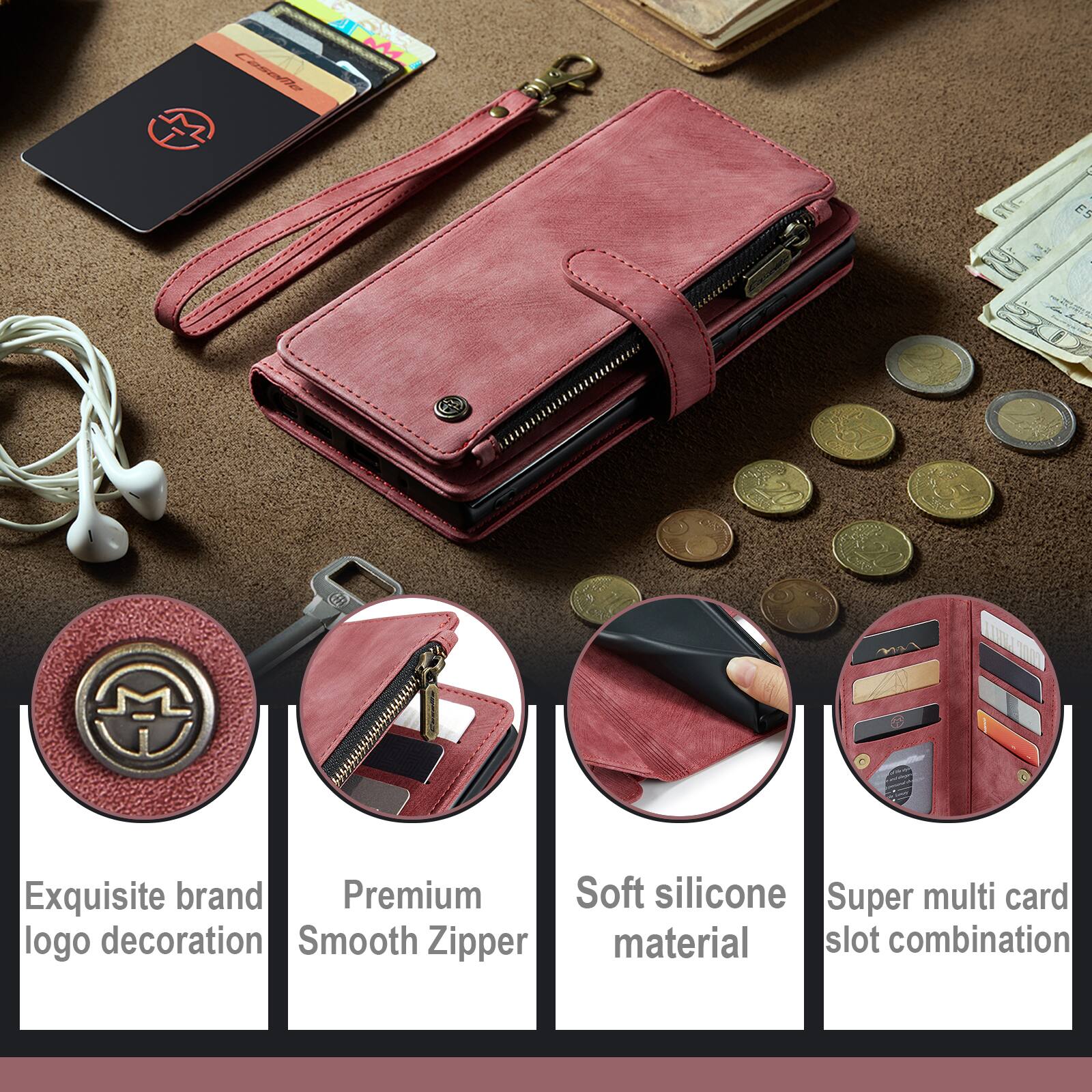 Exquisite brand logo decoration  
Premium Smooth Zipper  
Soft silicone material  
Super multi card slot combination