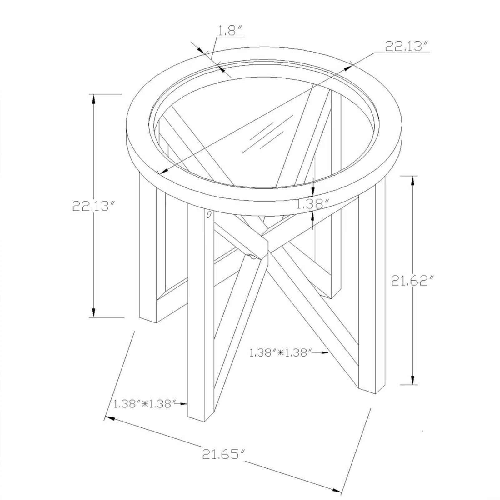 1.8"  
22.13"  
22.13"  
1.38"  
21.62"  
1.38" x 1.38"  
1.38" x 1.38"  
21.65"