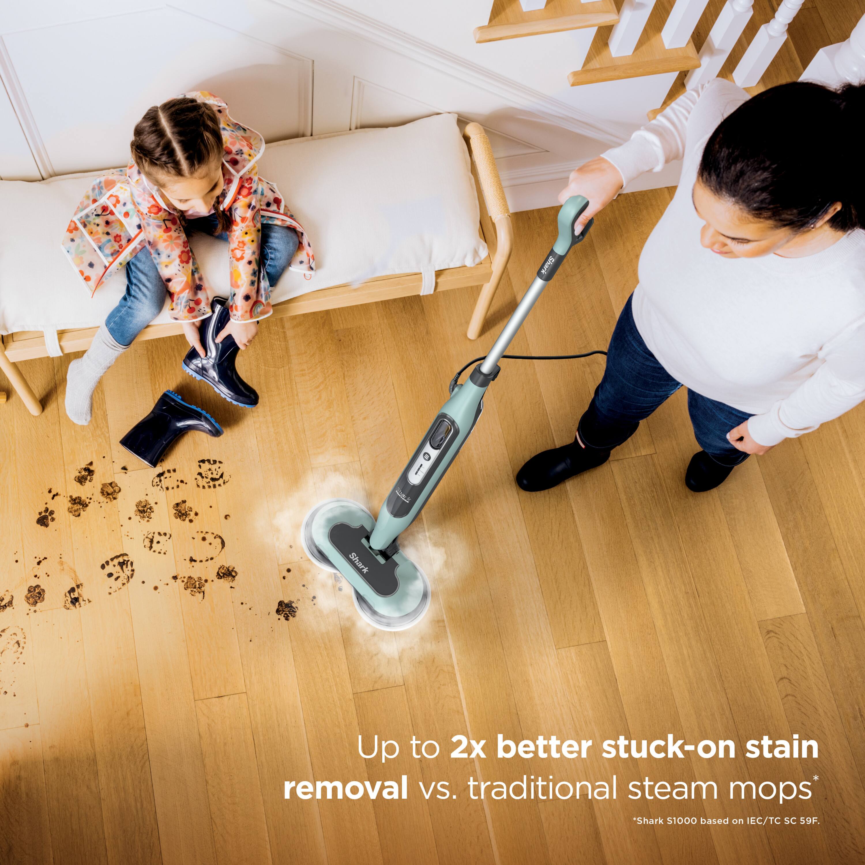 Up to 2x better stuck-on stain removal vs. traditional steam mops*  
*Shark S1000 based on IEC/TC SC 59F.