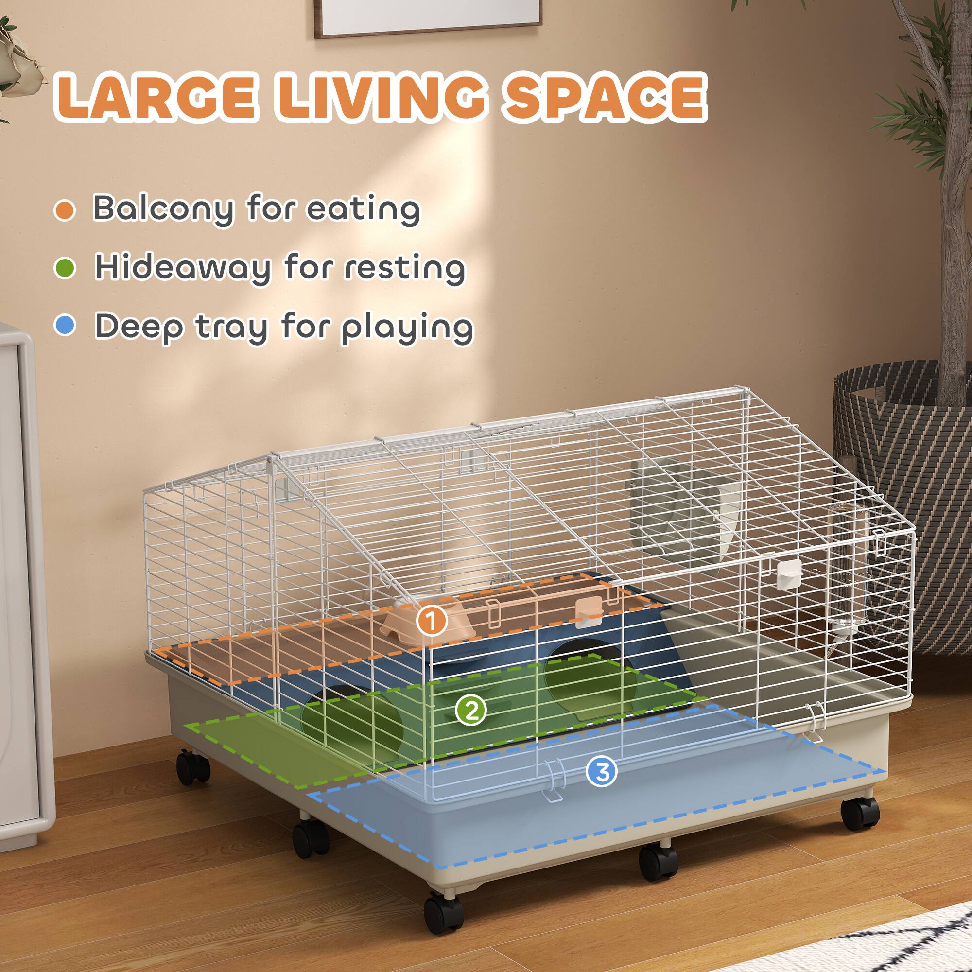 LARGE LIVING SPACE

- Balcony for eating
- Hideaway for resting
- Deep tray for playing

1. Balcony for eating
2. Hideaway for resting
3. Deep tray for playing