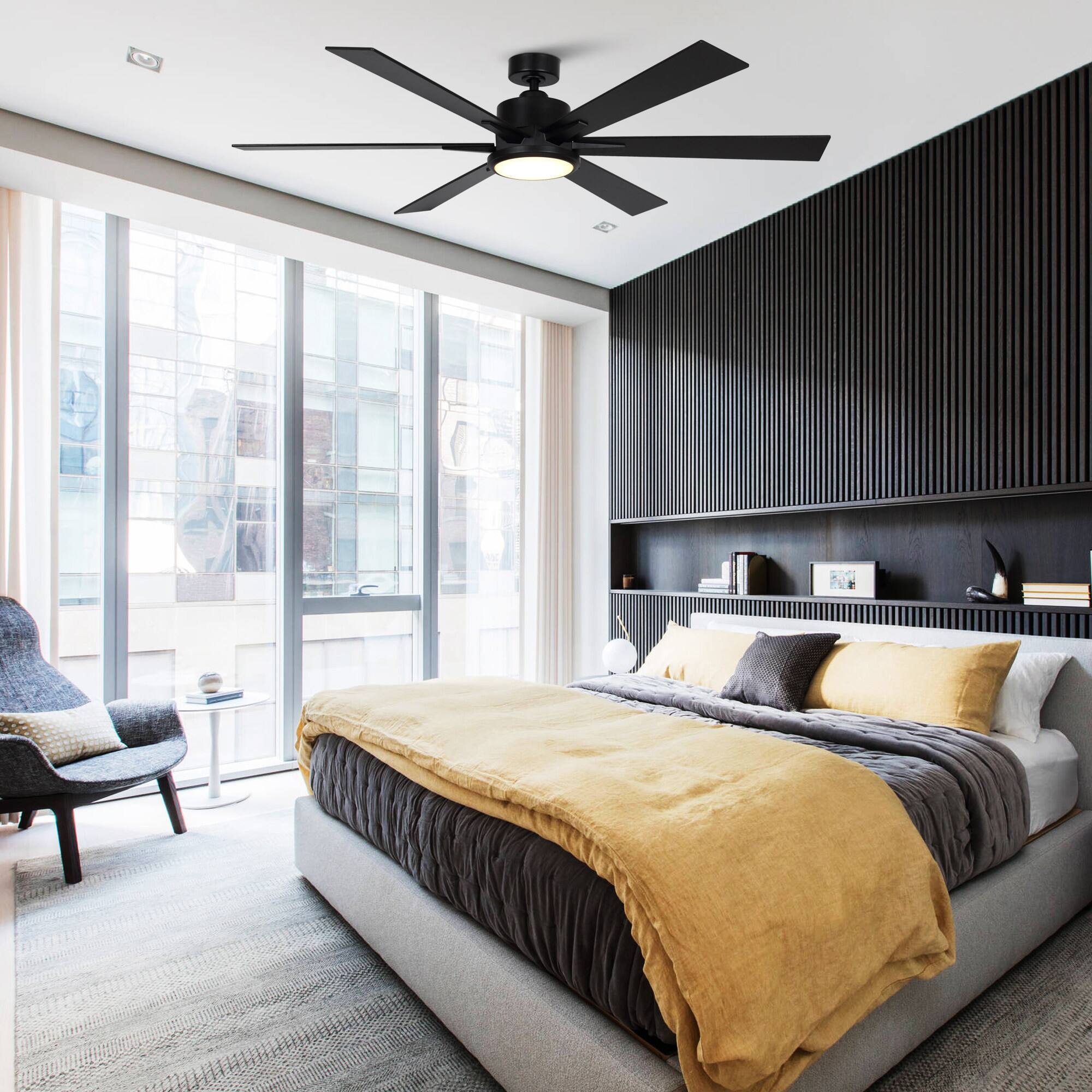 Angle. Parrot Uncle - 65" Modern 6-Blade Black LED Ceiling Fan with Remote Control - Black.