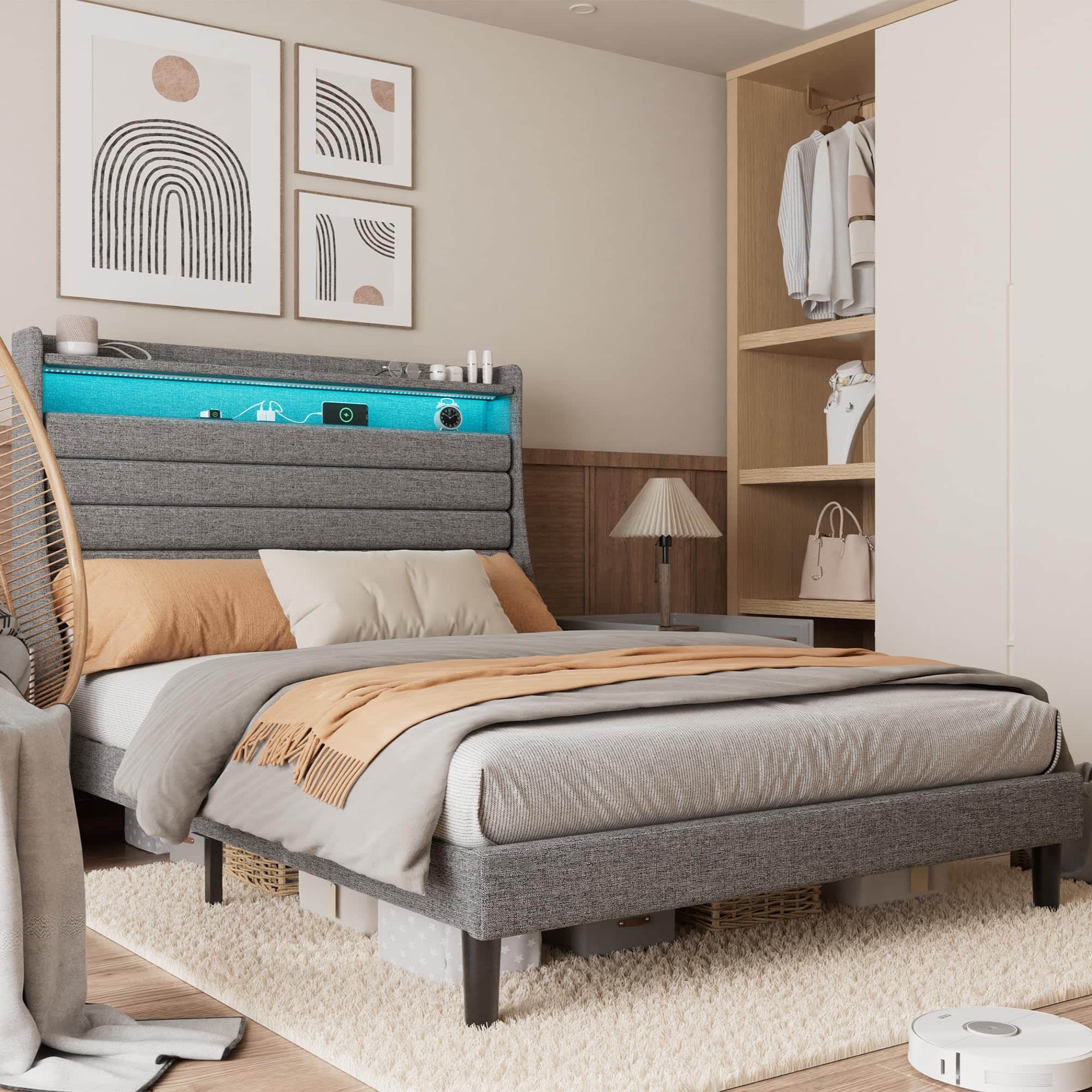 Homhougo - Full Bed Frame with USB Charging Station & LED Lights - Gray