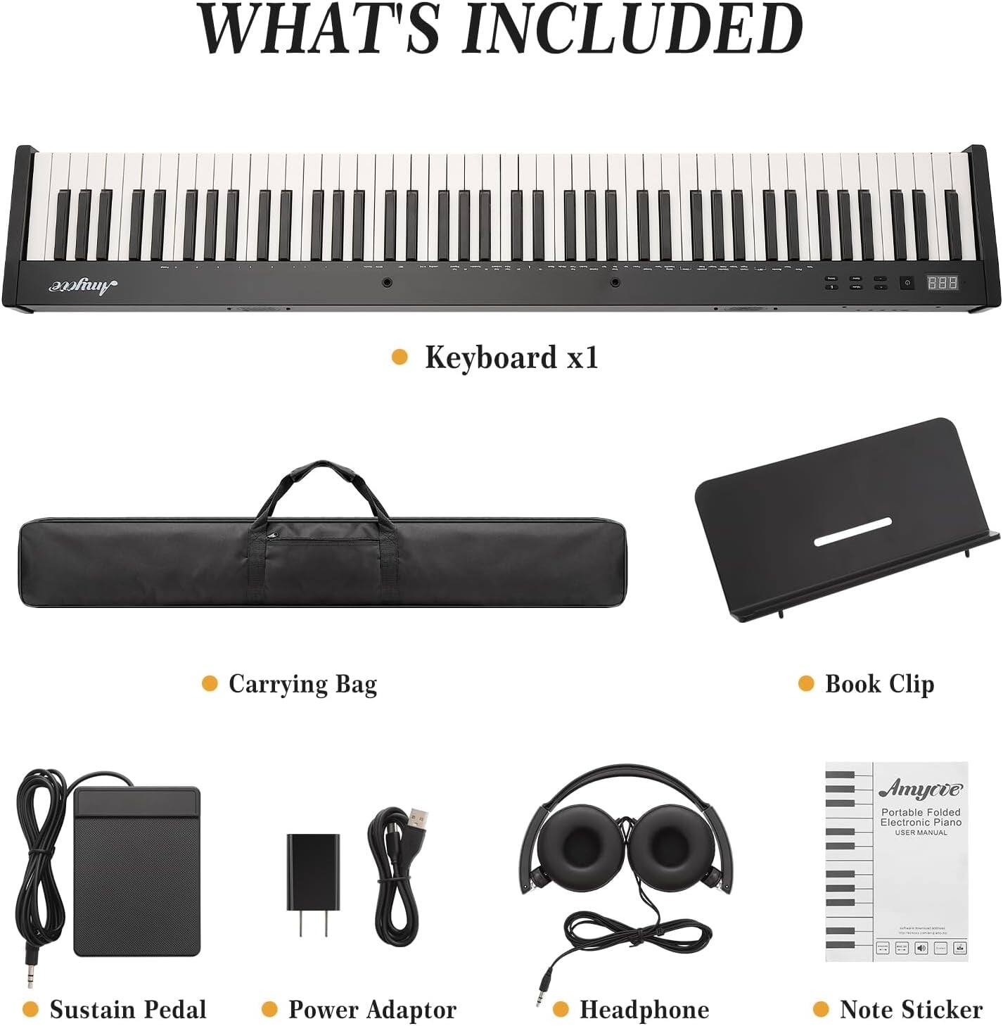 WHAT'S INCLUDED

- Keyboard x1
- Carrying Bag
- Book Clip
- Sustain Pedal
- Power Adaptor
- Headphone
- Note Sticker